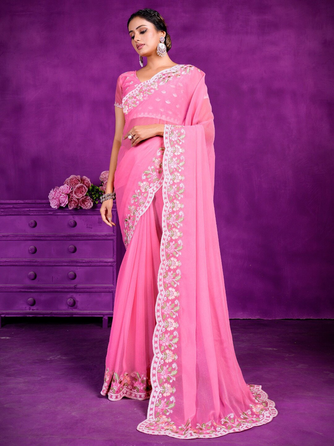 

Anouk Embroidered Pure Georgette Saree, Pink