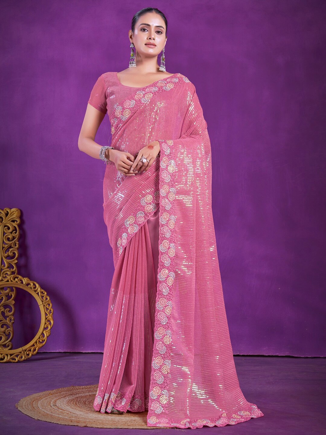 

Anouk Ethnic Motifs Embellished Sequinned Saree, Pink