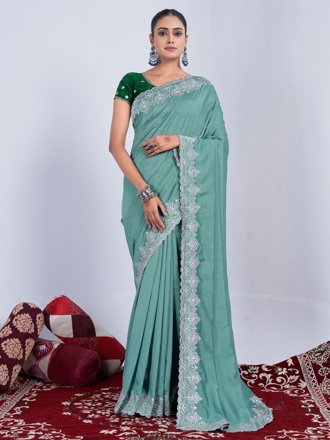 

Anouk Striped Beads And Stones Pure Chiffon Saree, Sea green