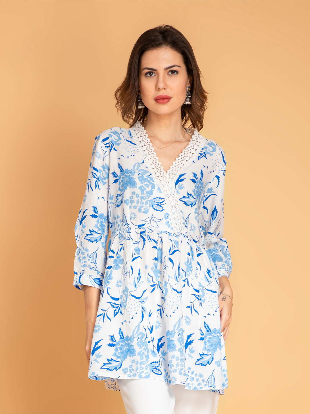 

fabGLOBAL V-Neck Floral Printed Top, Blue