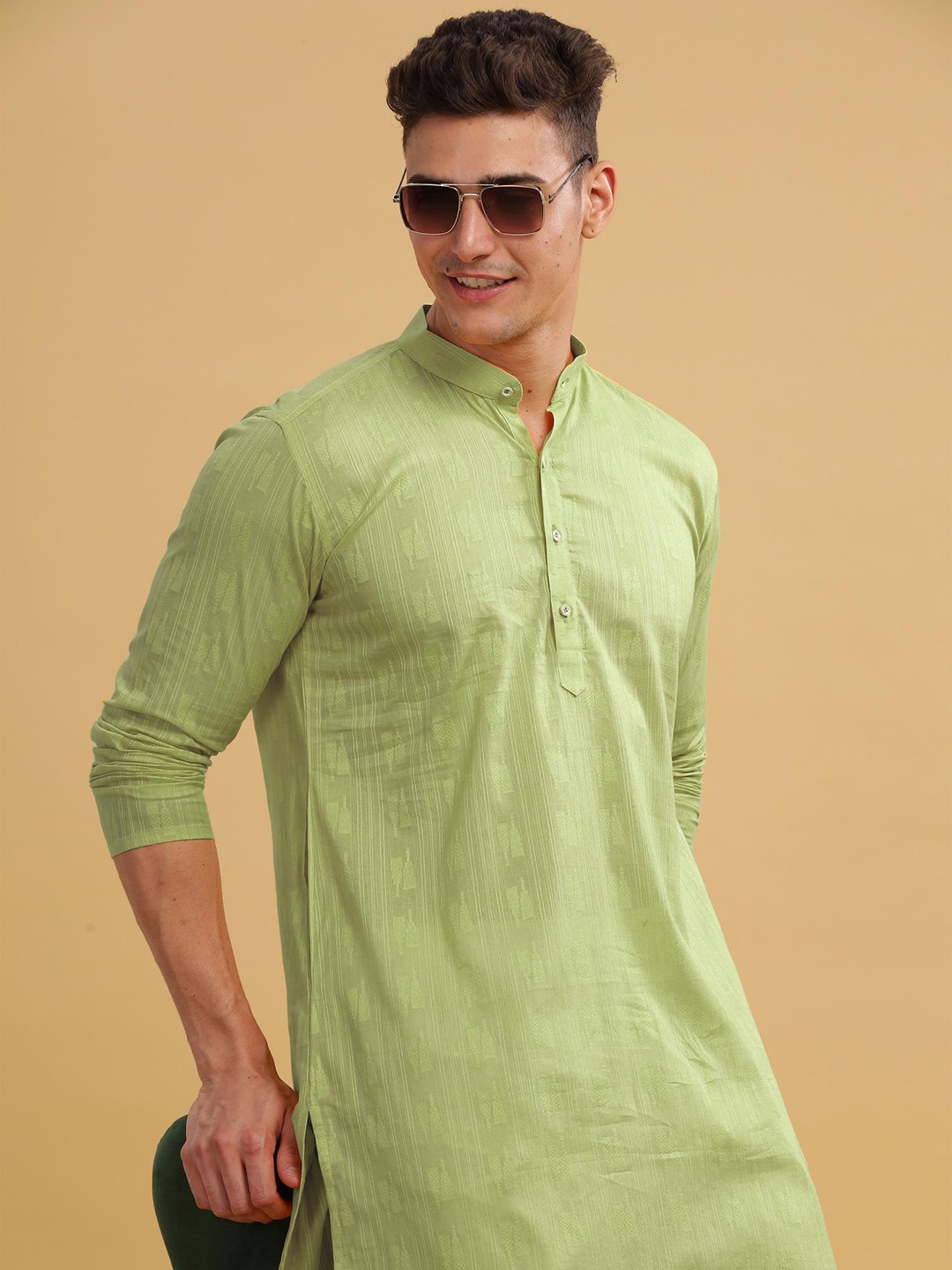 

Anouk Green Geometric Woven Design Band Collar Long Sleeves Cotton Straight Kurta