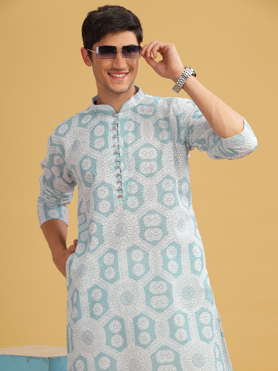 

Anouk Blue Ethnic Motifs Embroidered Mandarin Collar Straight Kurta