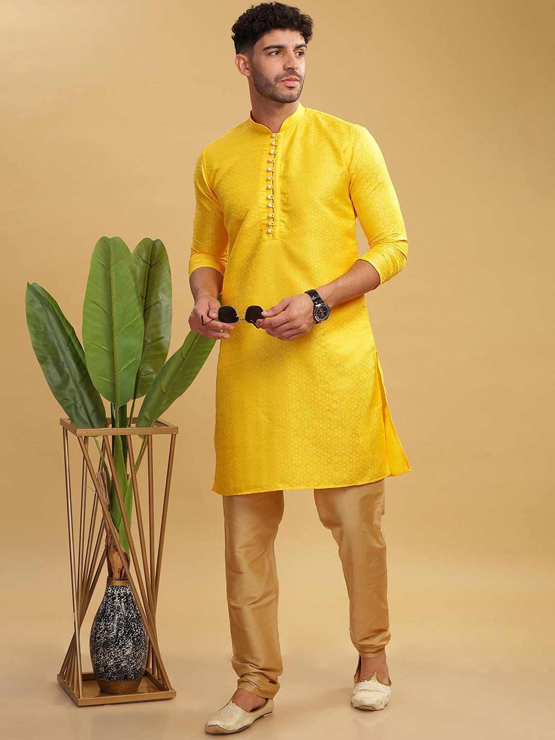 

Anouk Men Floral Self Printed Long Kurta, Yellow