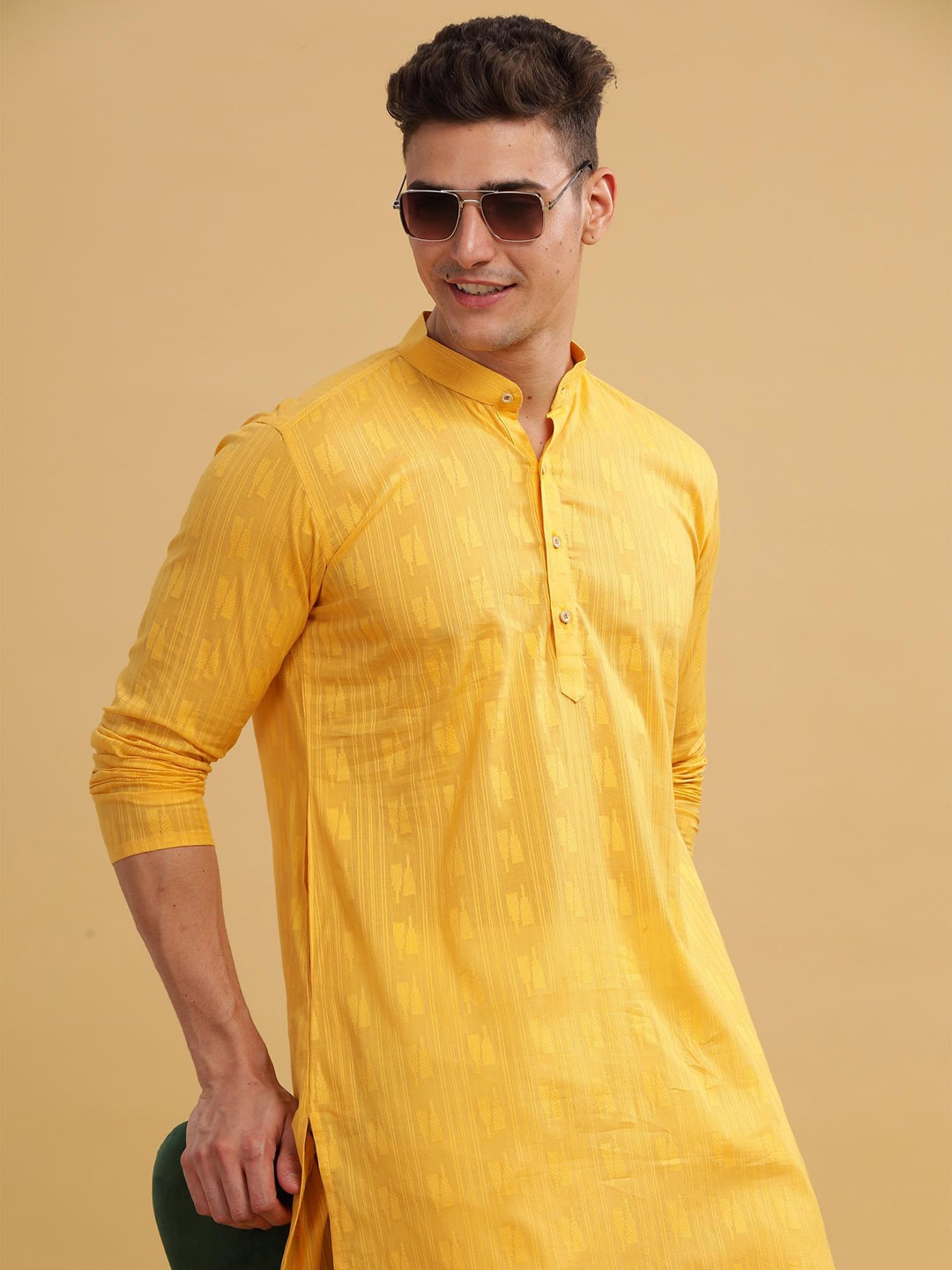 

Anouk Geometric Woven Design Straight Cotton Kurta, Yellow