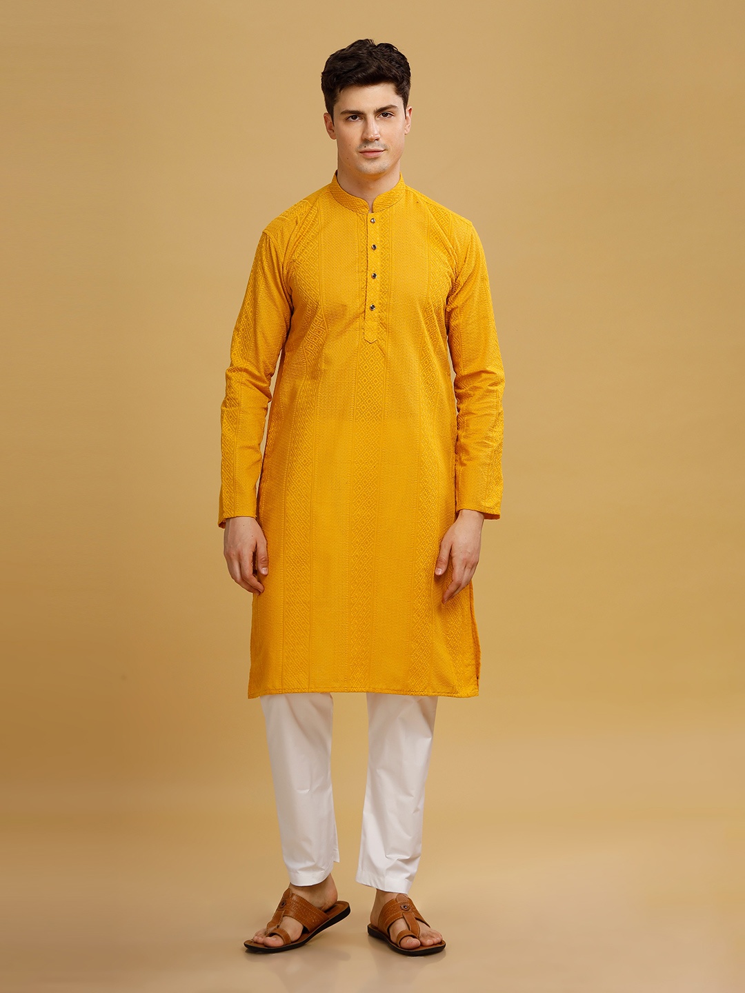 

Anouk Men Pure Cotton Embroidered Long Kurta, Yellow