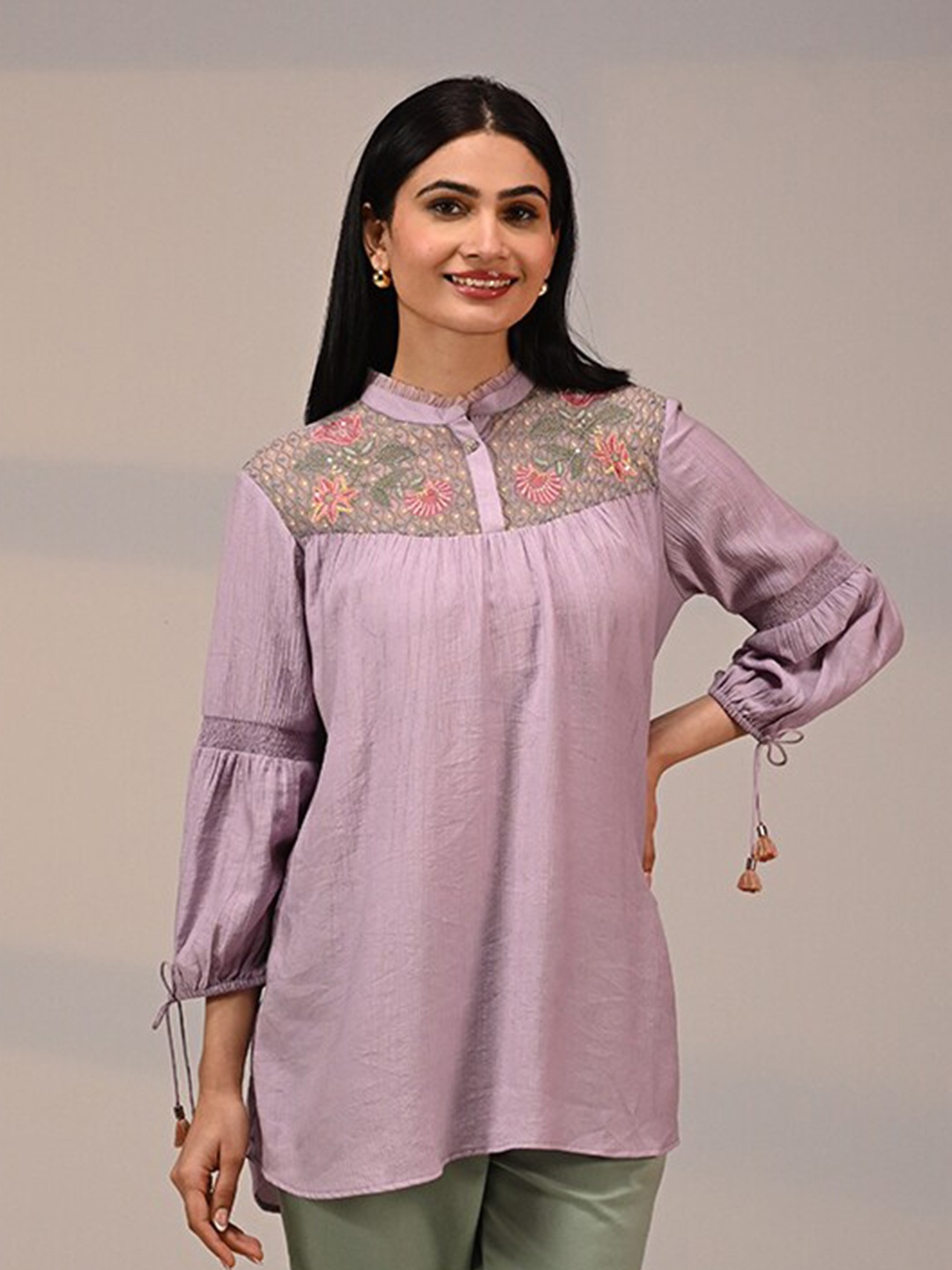 

Lakshita Floral Embroidered Mandarin Collar Crinkled Gathered A Line Top, Lavender