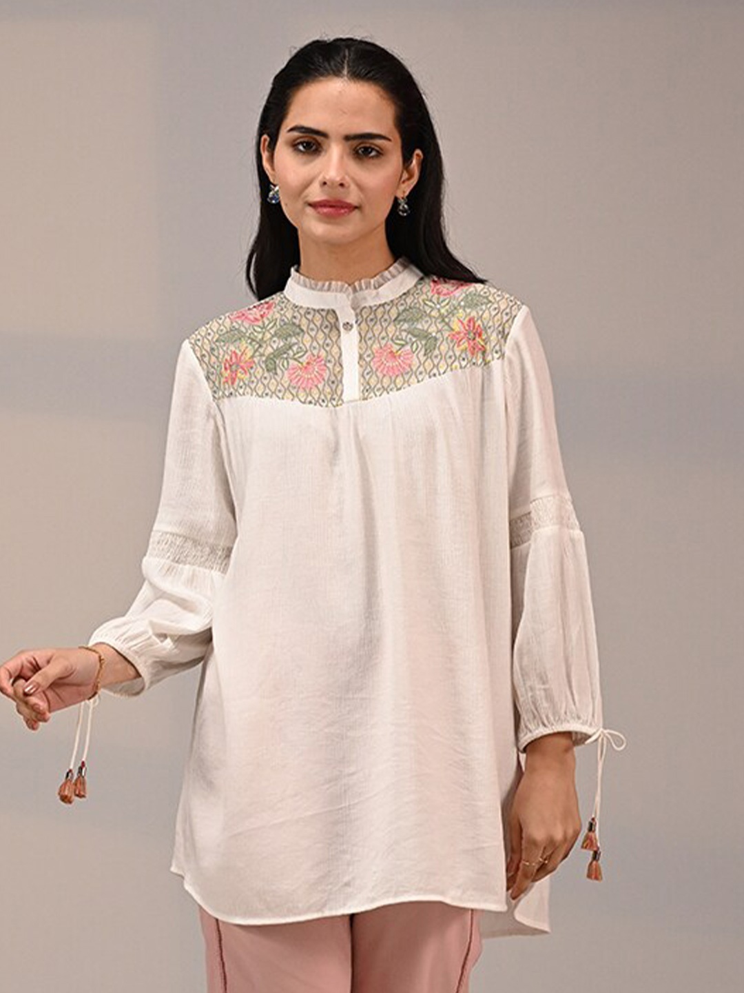 

Lakshita Floral Embroidered Band Collar Puff Sleeves A-Line Top, Off white