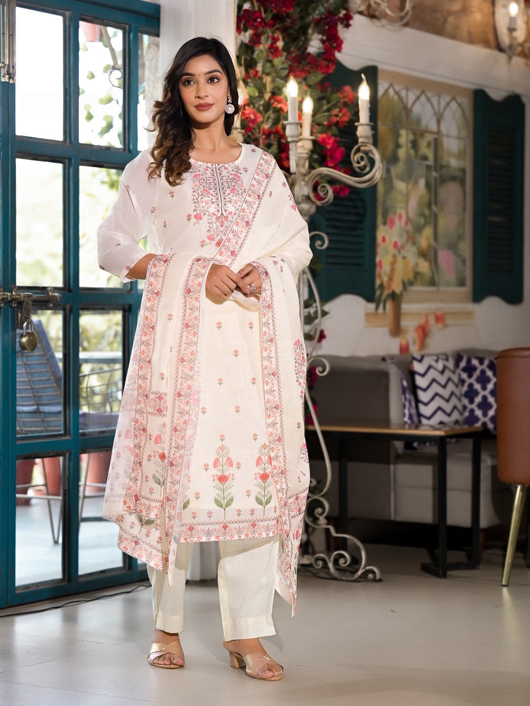 

Label Khoj Ethnic Motifs Embroidered Sequinned Linen Kurta & Trousers With Dupatta, White