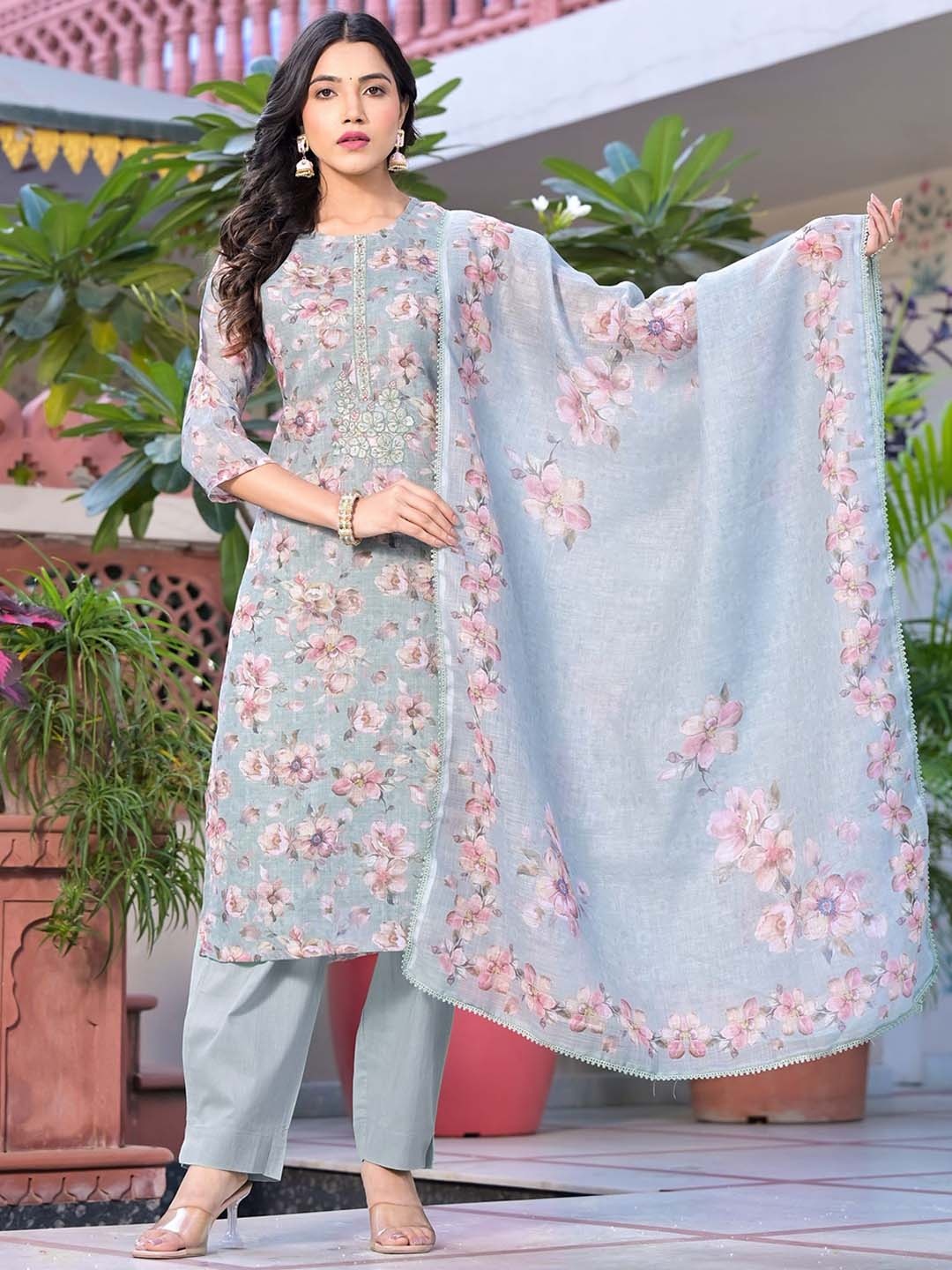 

Label Khoj Floral Printed Thread Work Straight Linen Kurta With Trousers & Dupatta, Grey