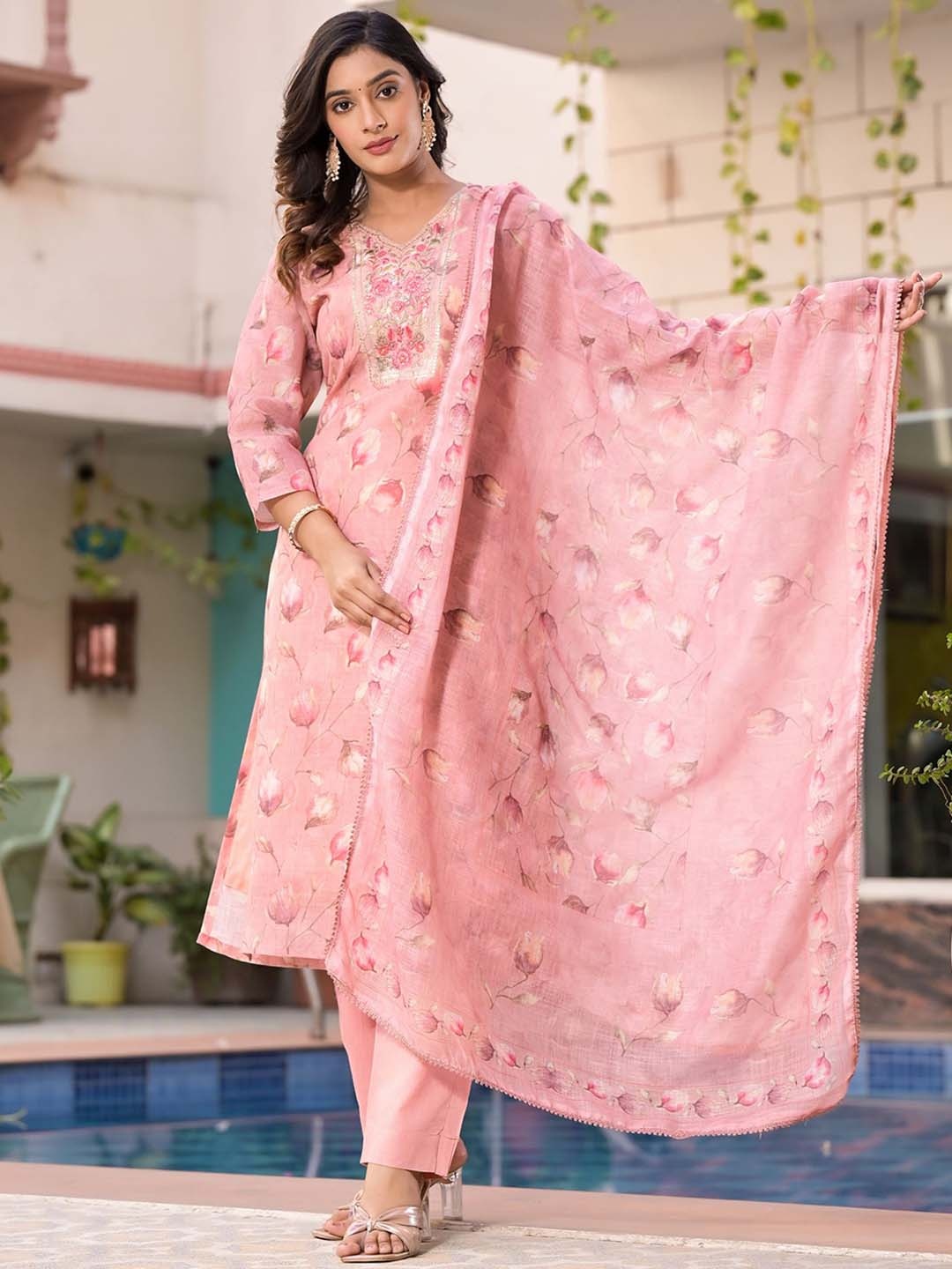 

Label Khoj Floral Printed Thread Work Straight Linen Kurta With Trousers & Dupatta, Peach