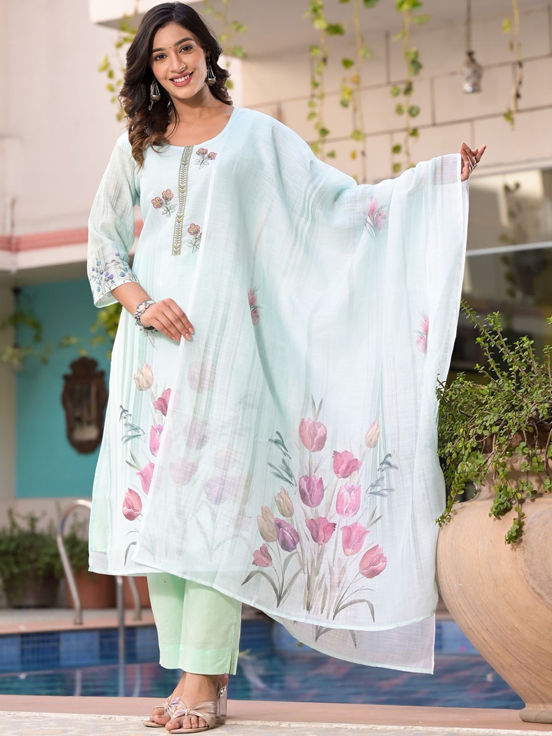 

Label Khoj Floral Embroidered Thread Work Straight Kurta With Trousers & Dupatta, Turquoise blue