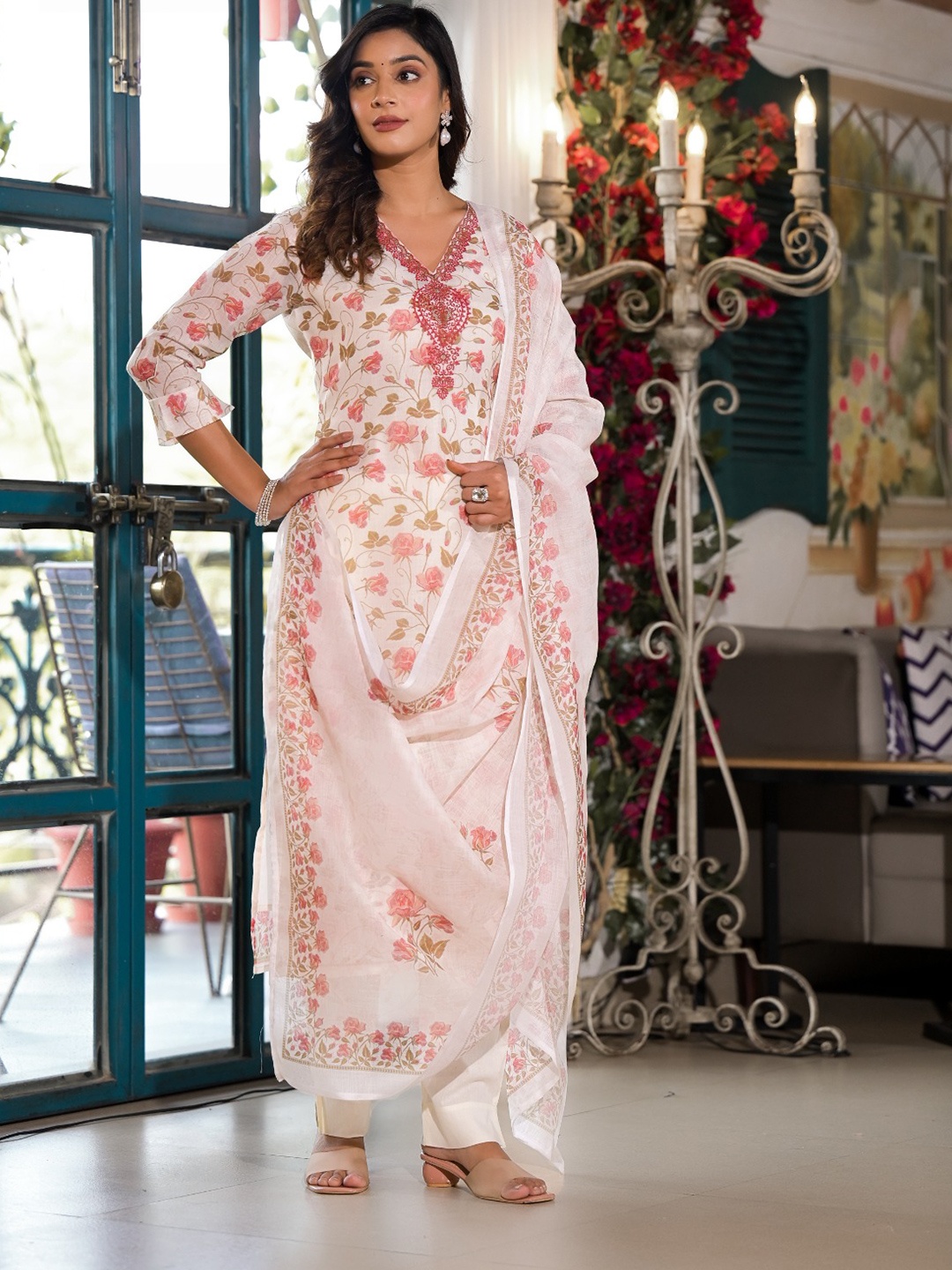 Label Khoj Floral Embroidered Thread Work Linen Kurta & Trousers With Dupatta, Peach