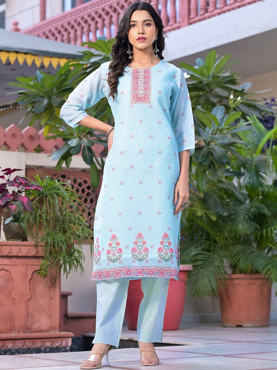 

Label Khoj Ethnic Motifs Printed Straight Linen Kurta With Trousers & Dupatta, Blue