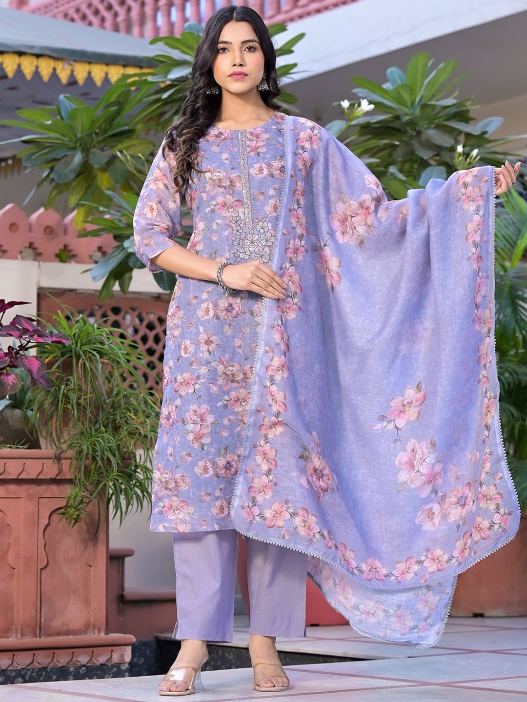 

Label Khoj Floral Printed Thread Work Straight Linen Kurta With Trousers & Dupatta, Purple