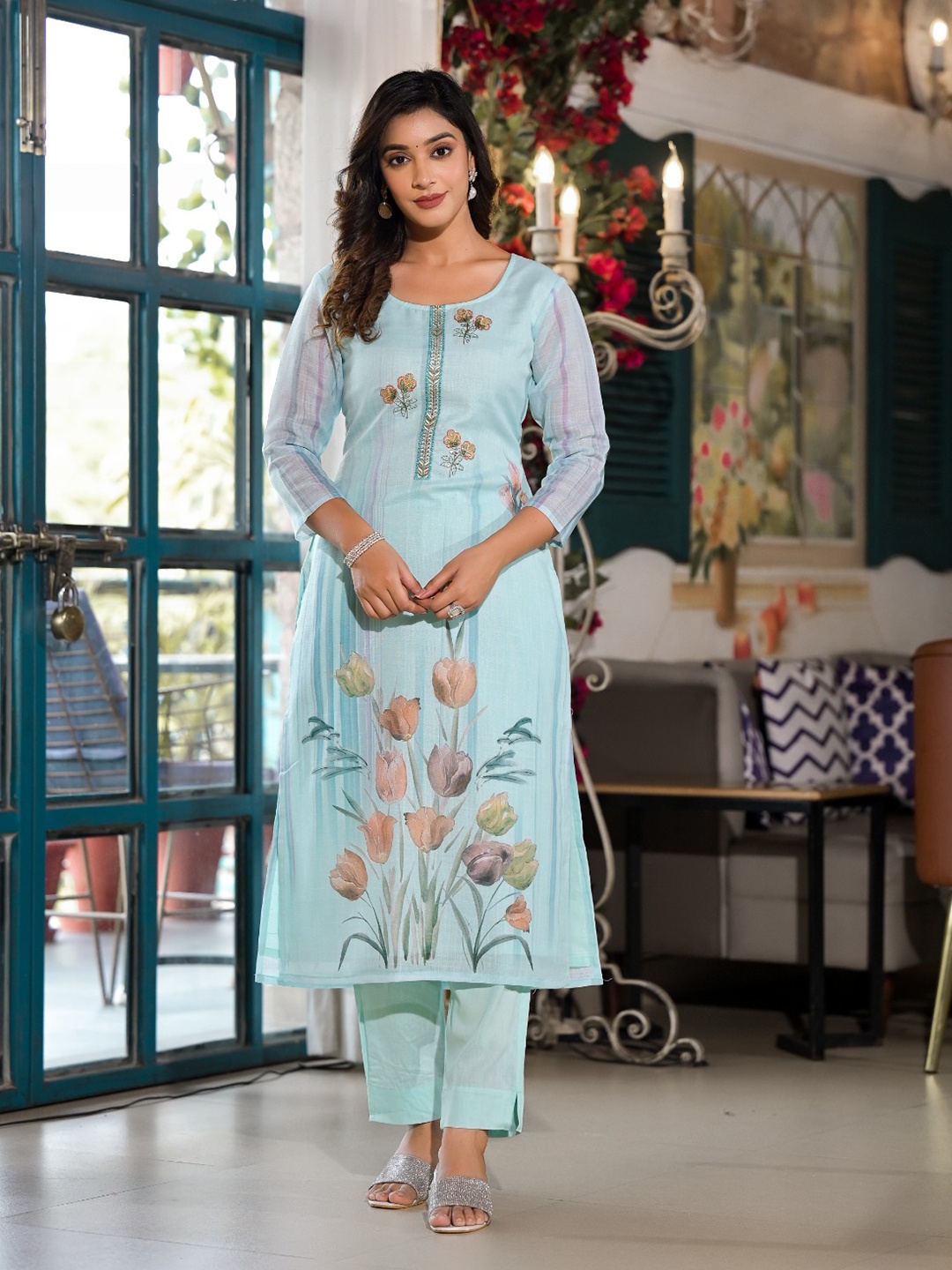 

Label Khoj Ethnic Motifs Embroidered Thread Work Kurta & Trousers With Dupatta, Turquoise blue