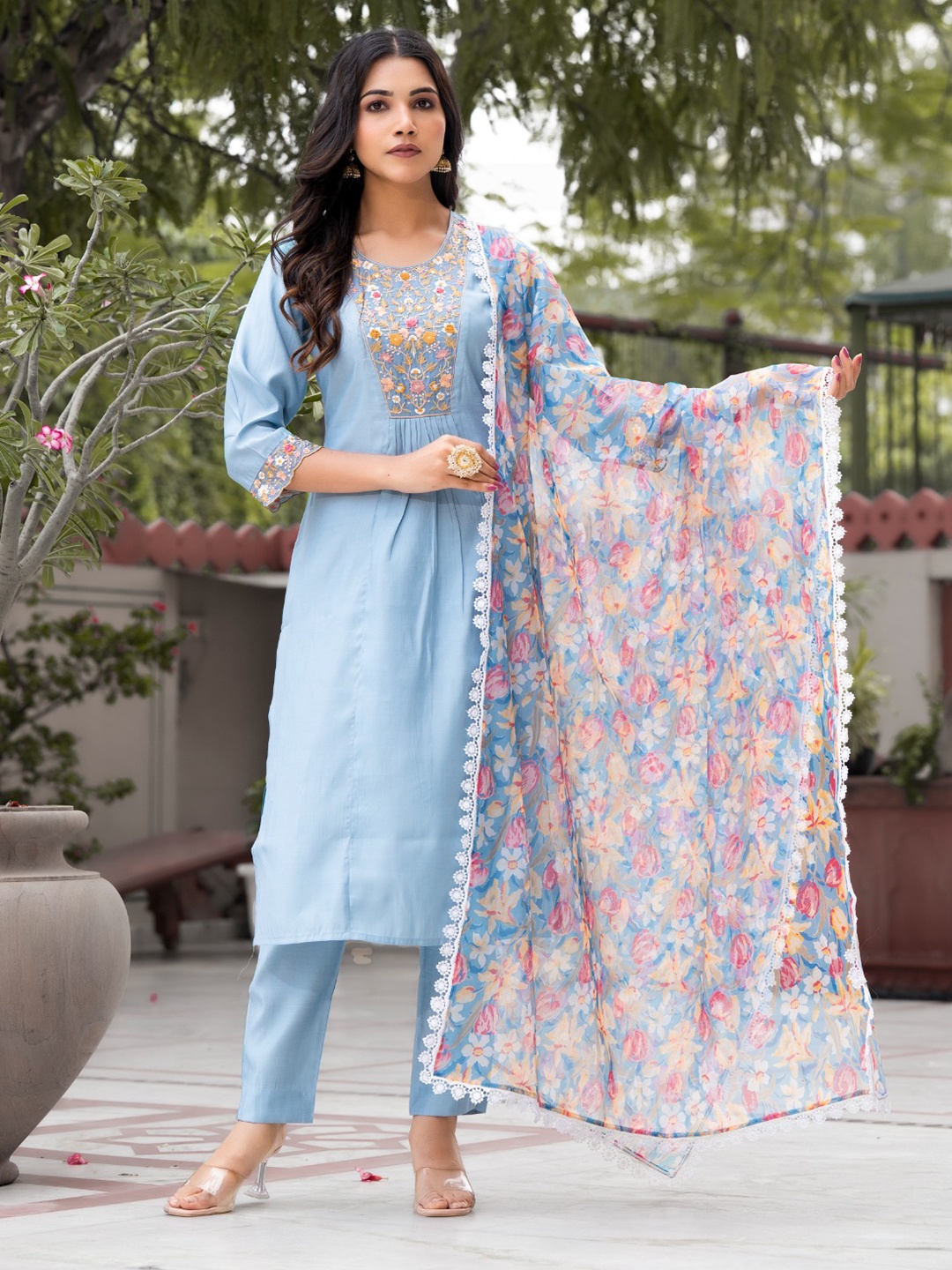 

Label Khoj Floral Embroidered Straight Kurta with Trousers & Dupatta, Blue