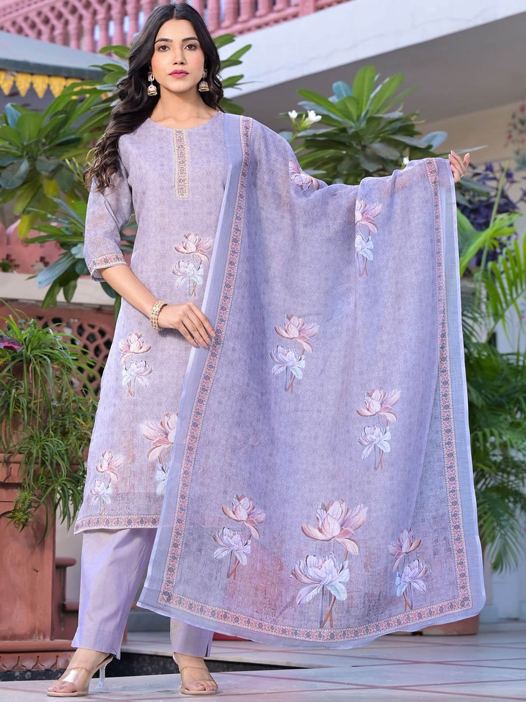 

Label Khoj Floral Printed Sequinned Linen Kurta With Trousers & Dupatta, Purple