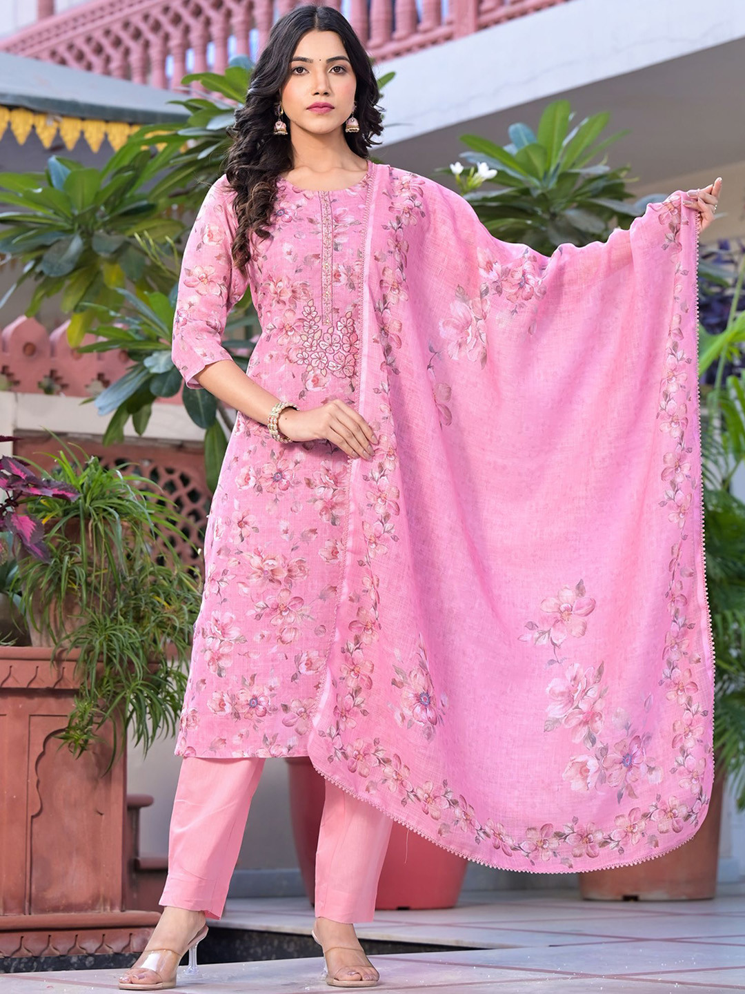 

Label Khoj Ethnic Motifs Printed Thread Work Straight Kurta With Trousers & Dupatta, Pink