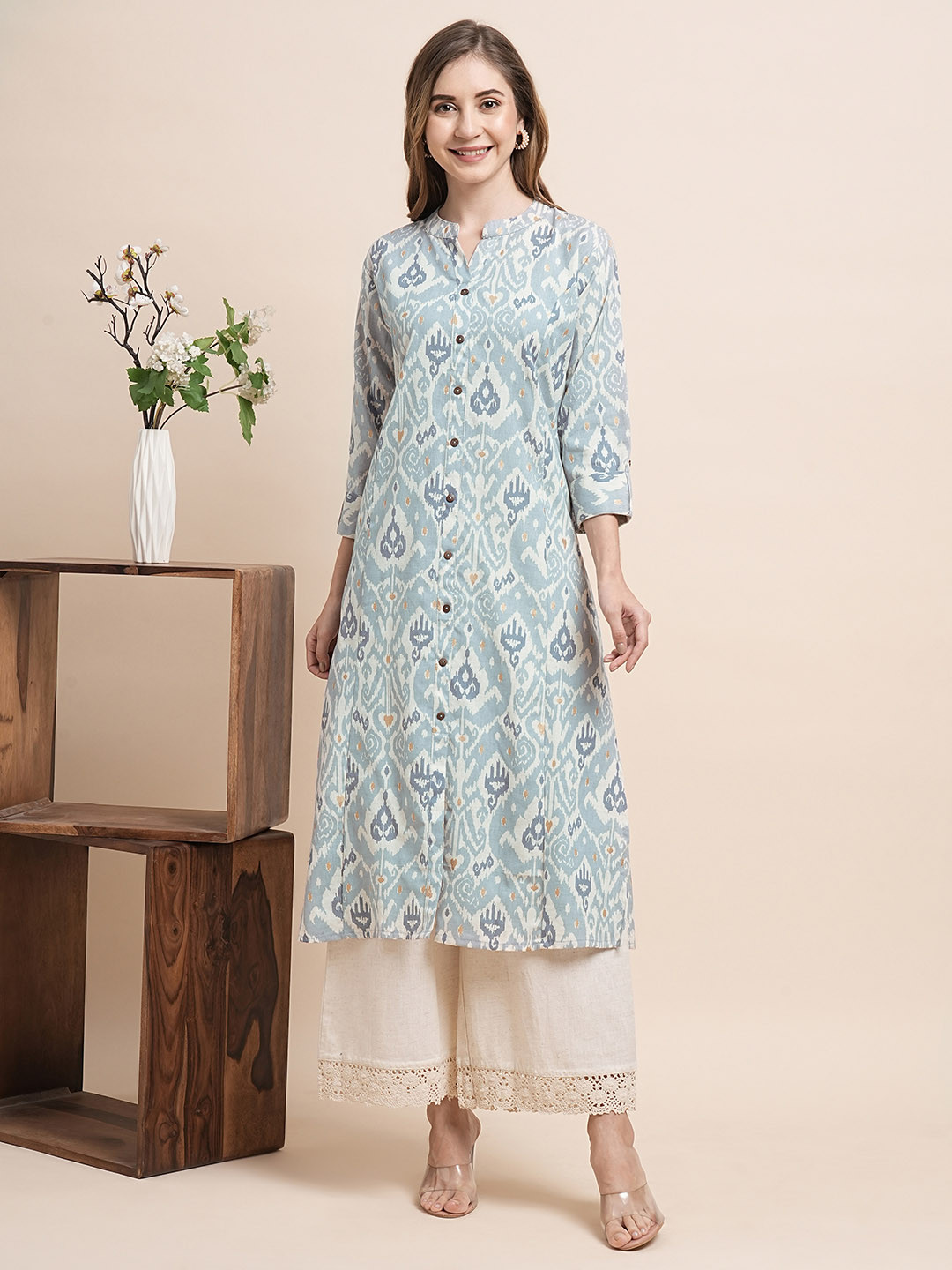 

INDYES Ethnic Motifs Printed Pure Cotton Kurta With Palazzo, Blue