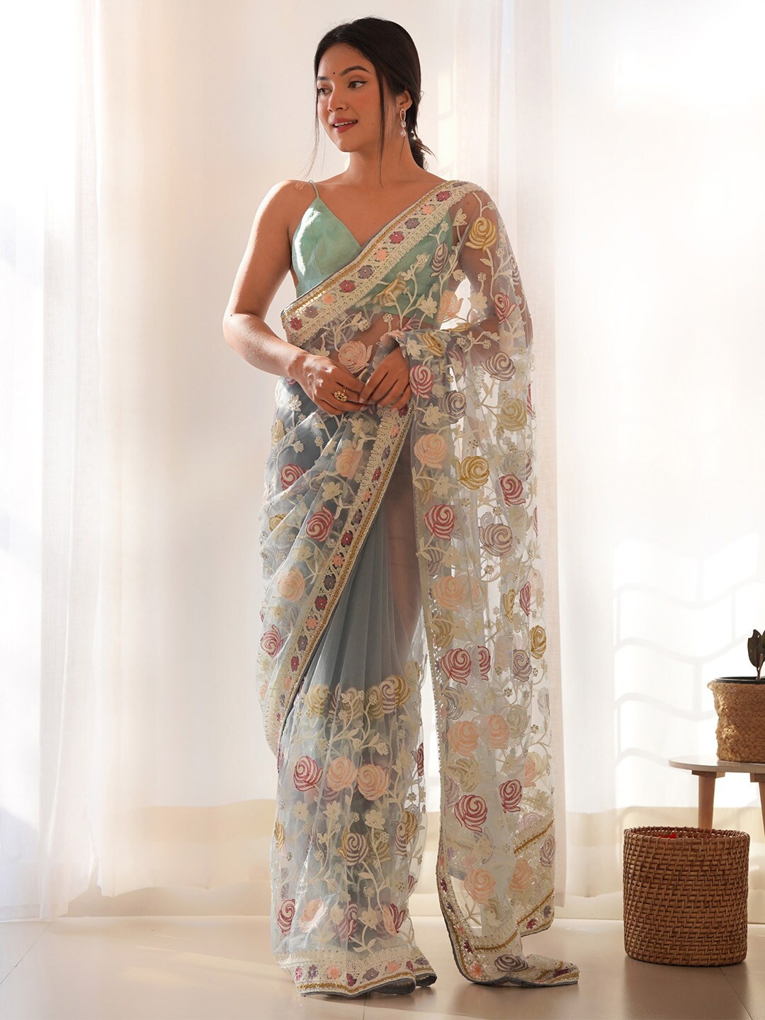 

Saree mall Floral Embroidered Beads & Stones Net Sarees, Grey
