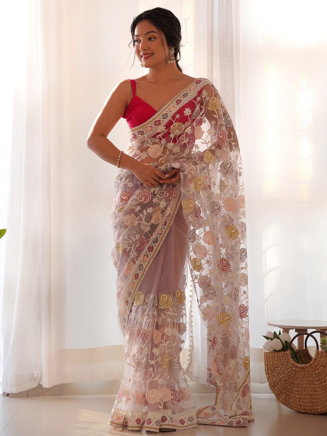 

Saree mall Floral Embroidered Beads and Stones Net Sarees, Mauve