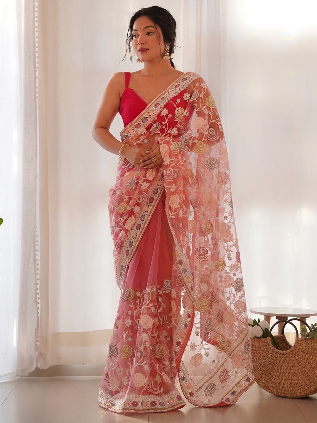 

Saree mall Embellished Beads and Stones Net Sarees, Pink