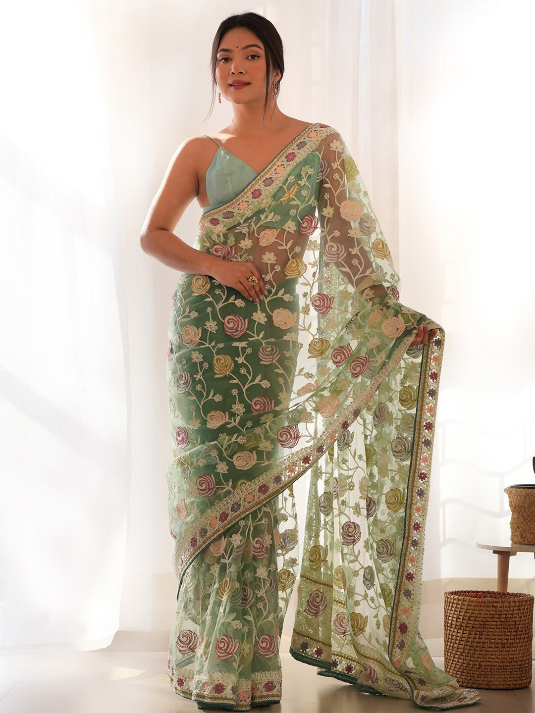 

Saree mall Floral Beads and Stones Net Sarees, Sea green
