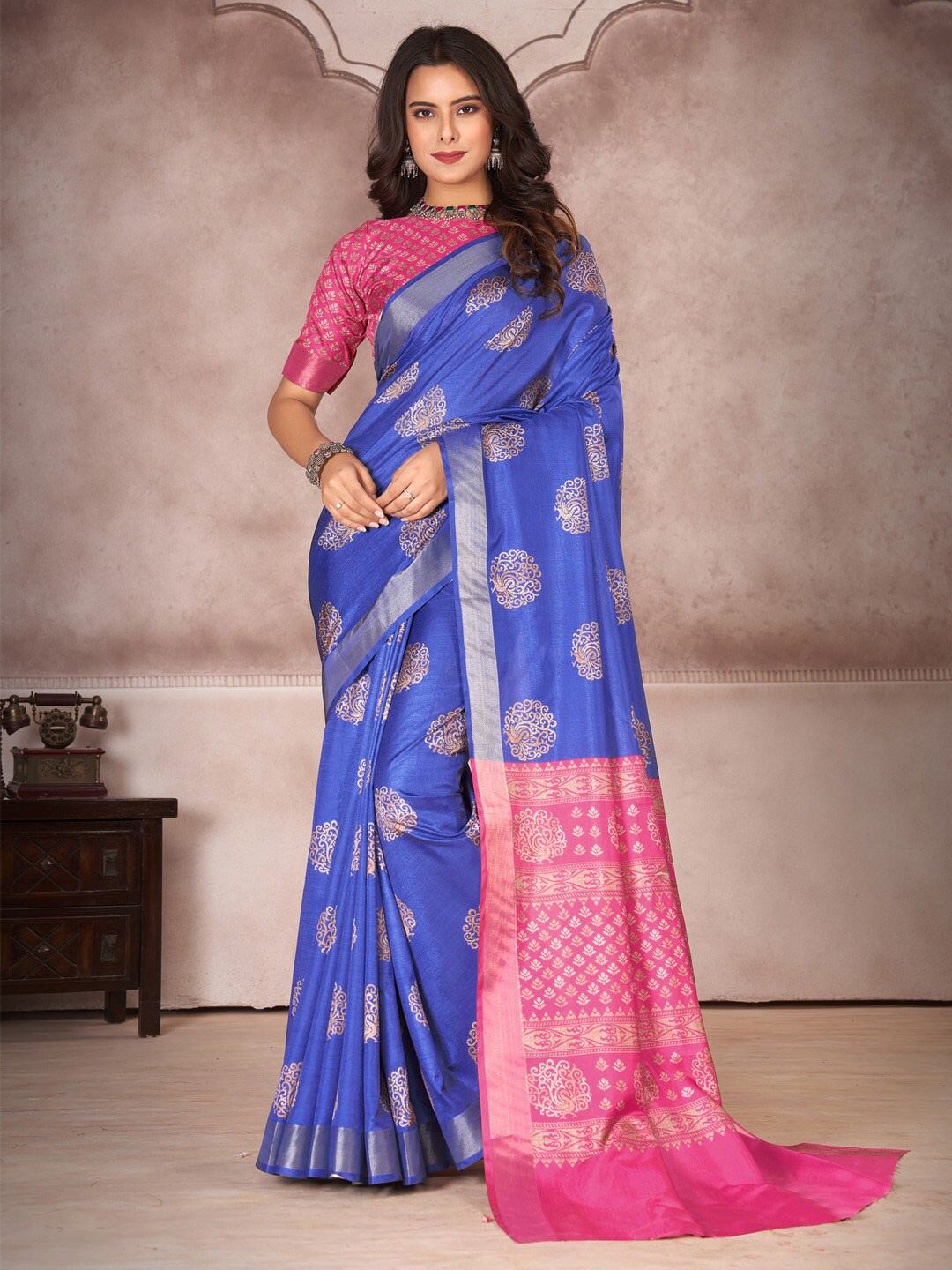 

Mitera Blue Ethnic Motifs Woven Design Zari Banarasi Saree