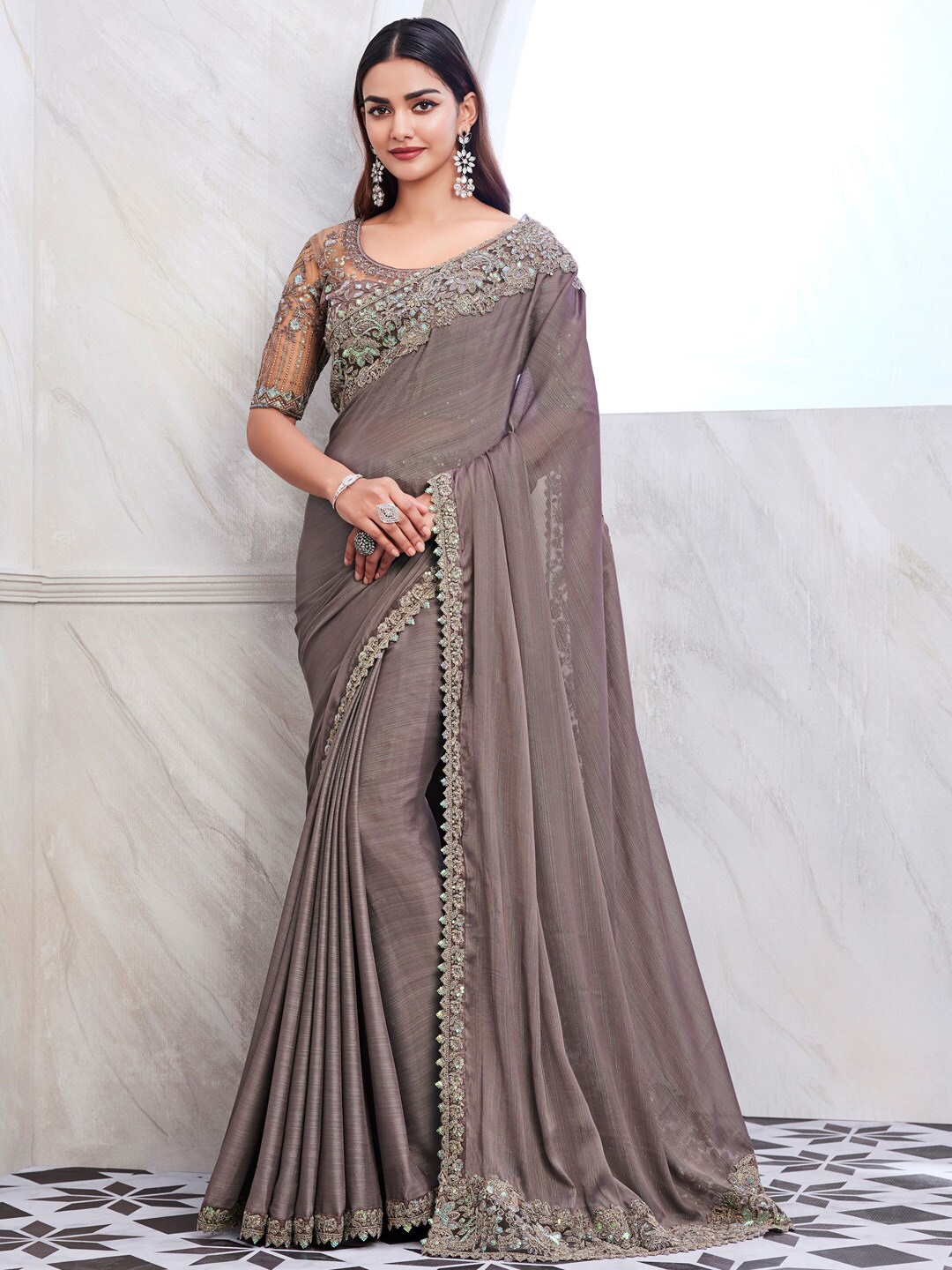 

Mitera Sequinned Embellished Pure Georgette Saree, Grey