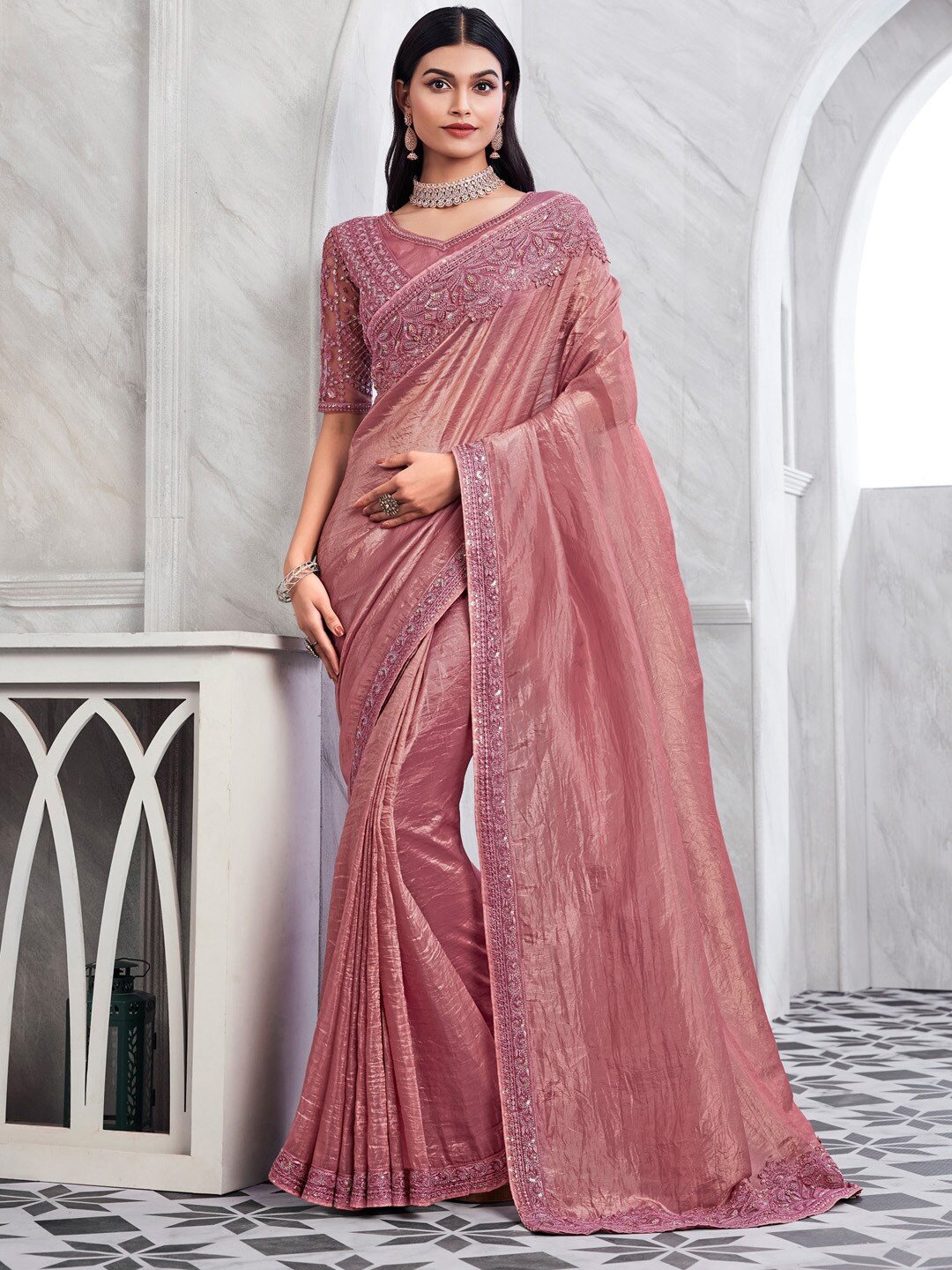 

Mitera Sequinned Embellished Pure Georgette Saree, Rose gold