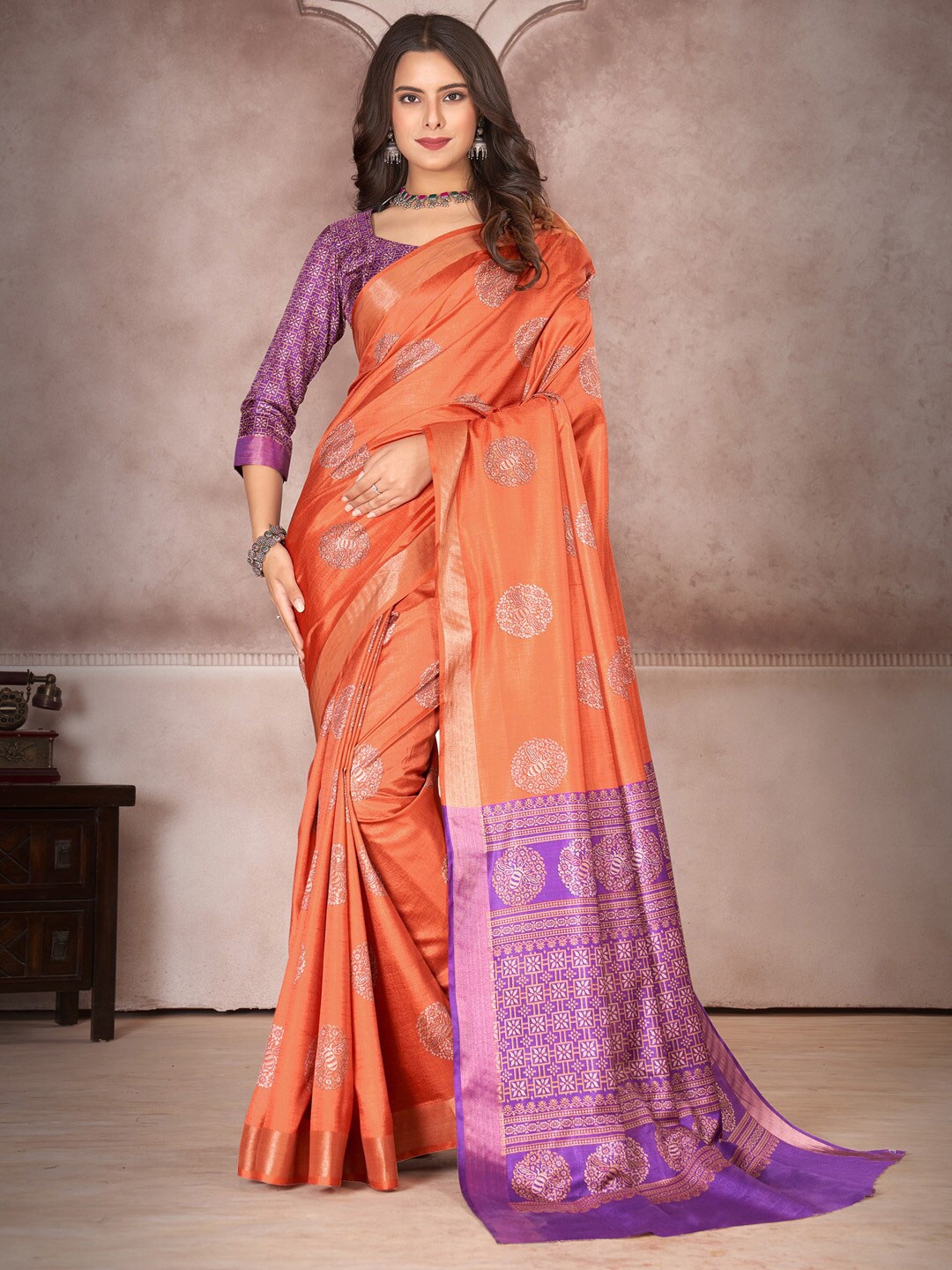 

Mitera Orange-Coloured Ethnic Motifs Woven Design Zari Banarasi Saree