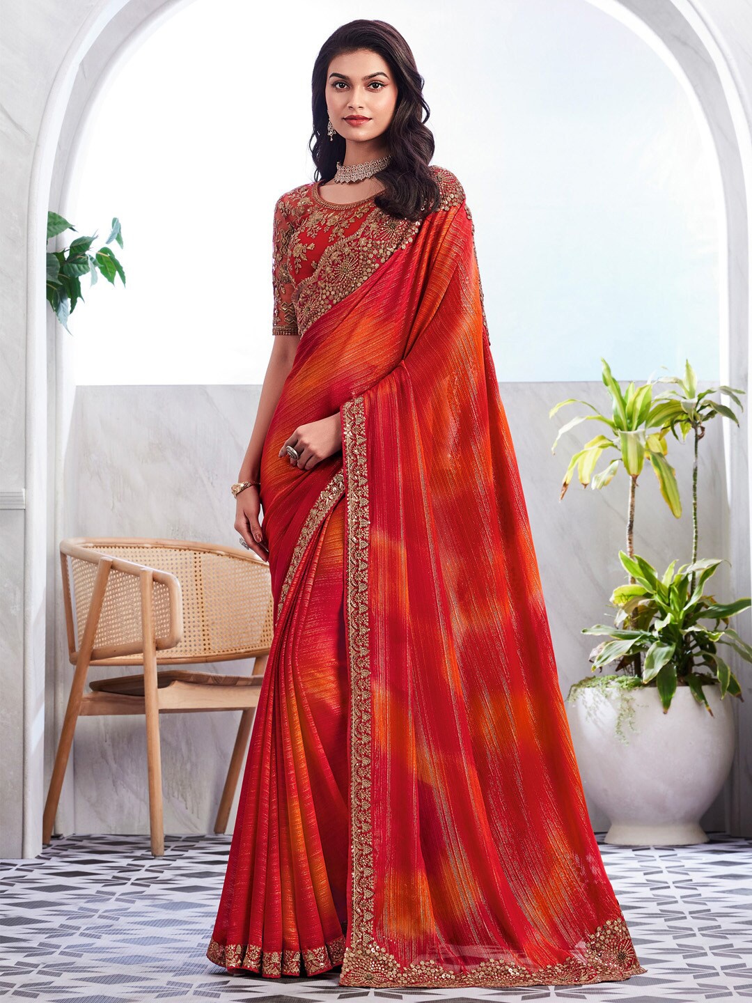 

Mitera Sequinned Embellished Poly Chiffon Saree, Red