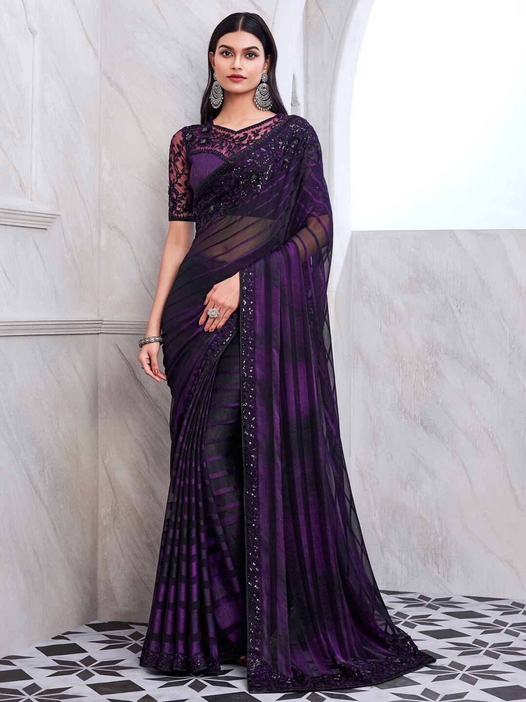 

Mitera Striped Sequinned Poly Georgette Saree, Purple