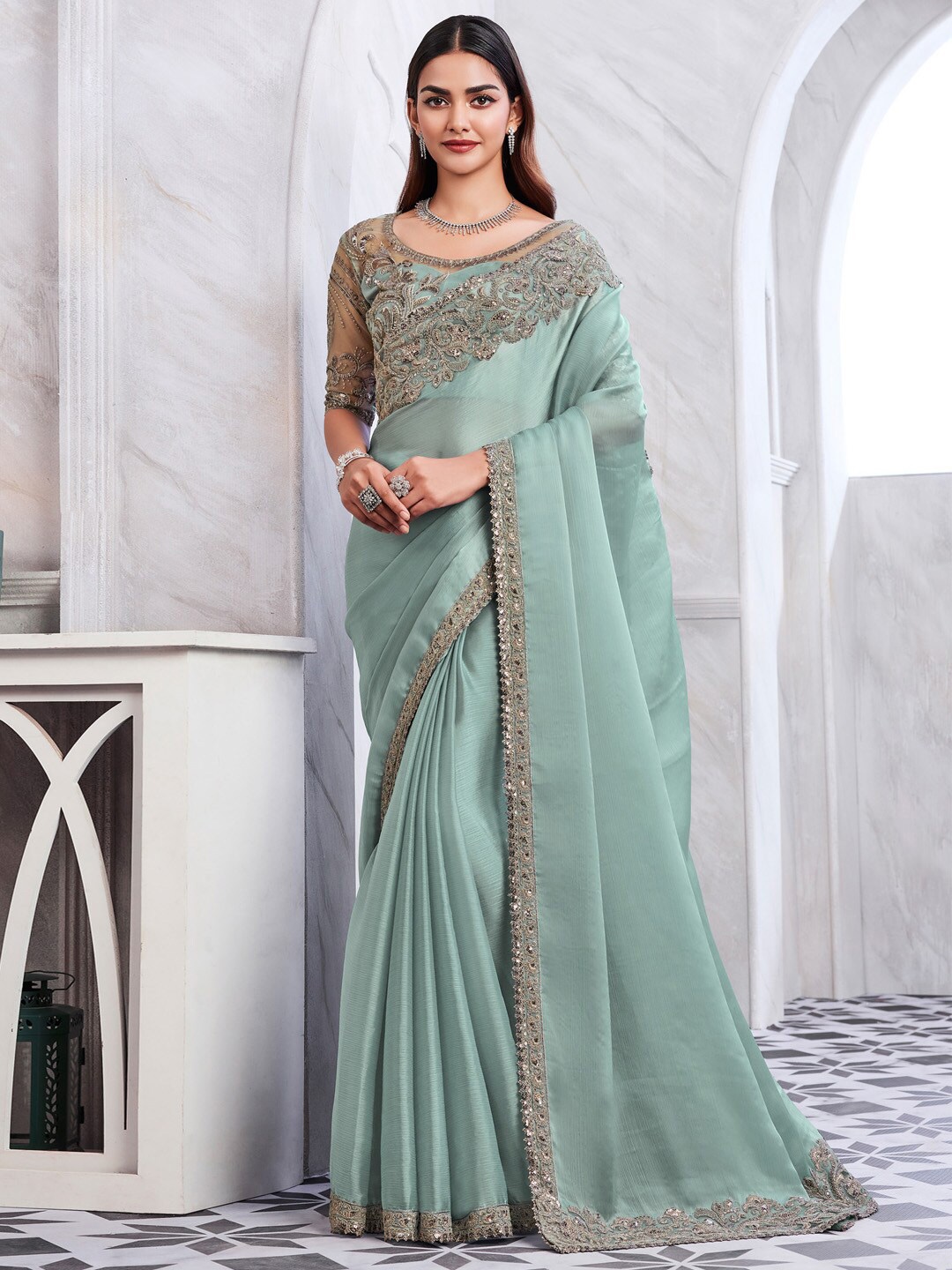 

Mitera Sequinned Pure Chiffon Saree, Sea green