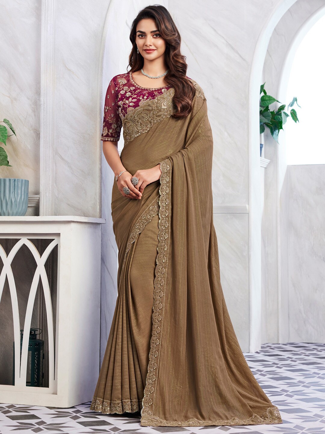 

Mitera Sequinned Poly Chiffon Saree, Brown