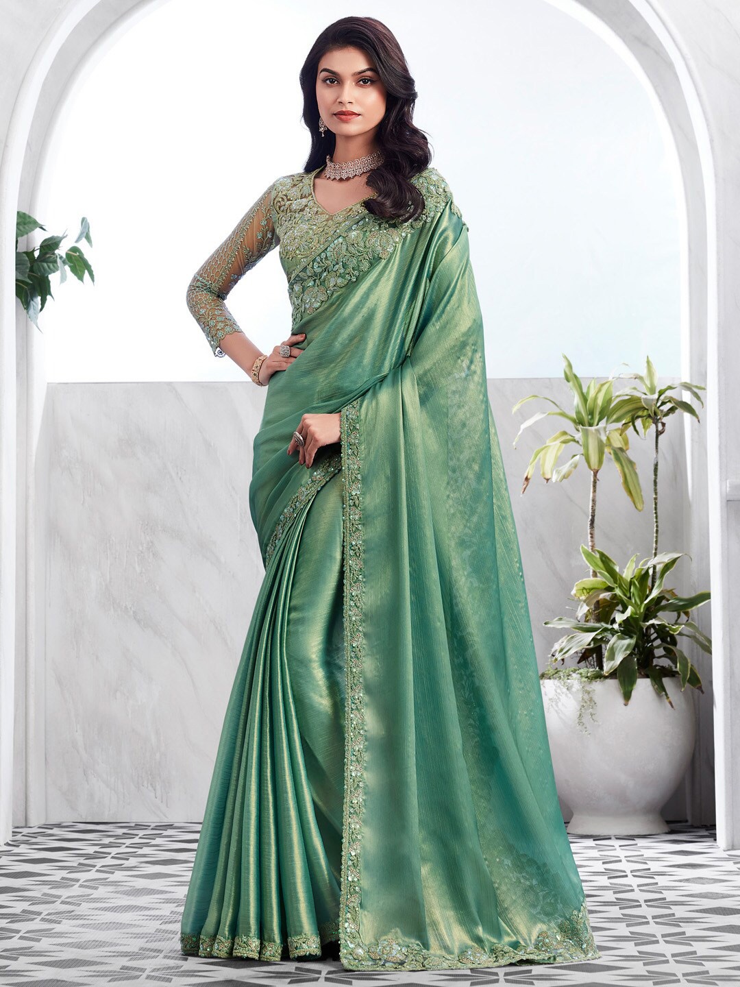 

Mitera Sequinned Poly Chiffon Saree, Sea green