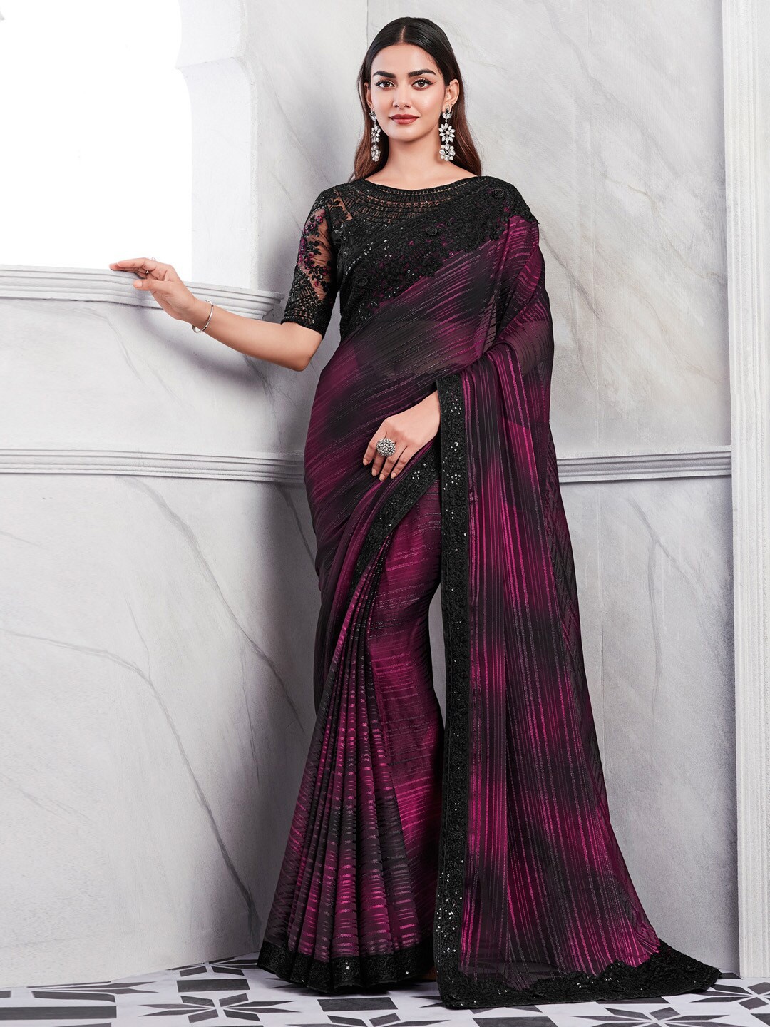 

Mitera Sequinned Embellished Poly Georgette Saree, Magenta