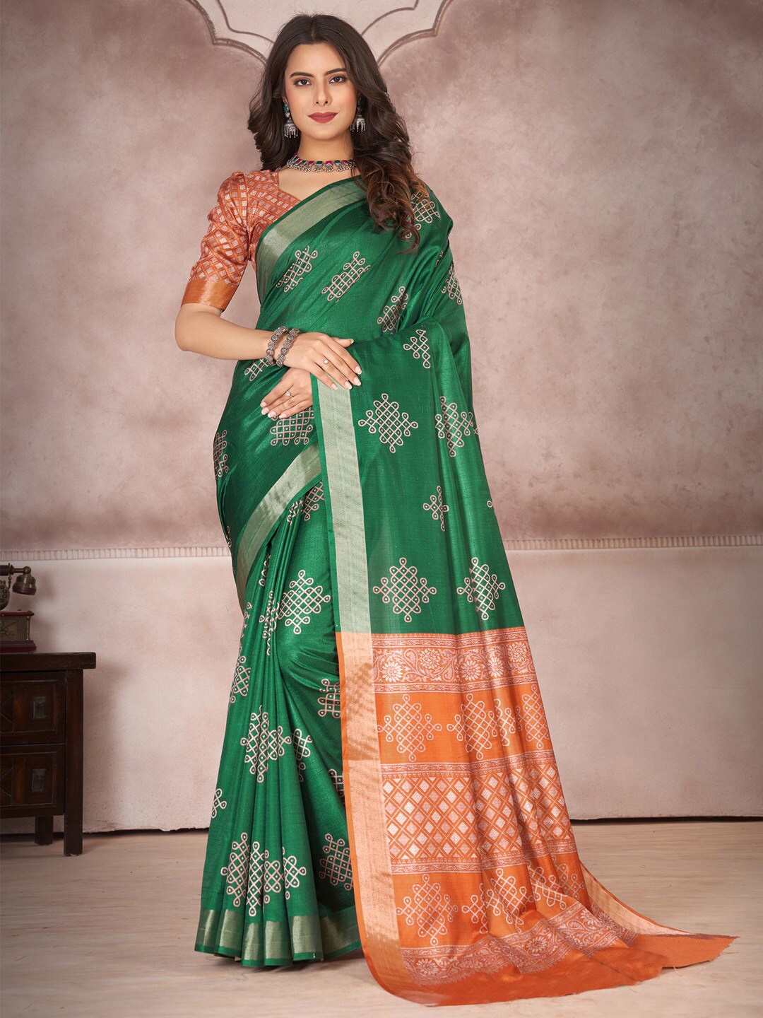 

Mitera Green & Orange Ethnic Motifs Woven Design Zari Banarasi Saree