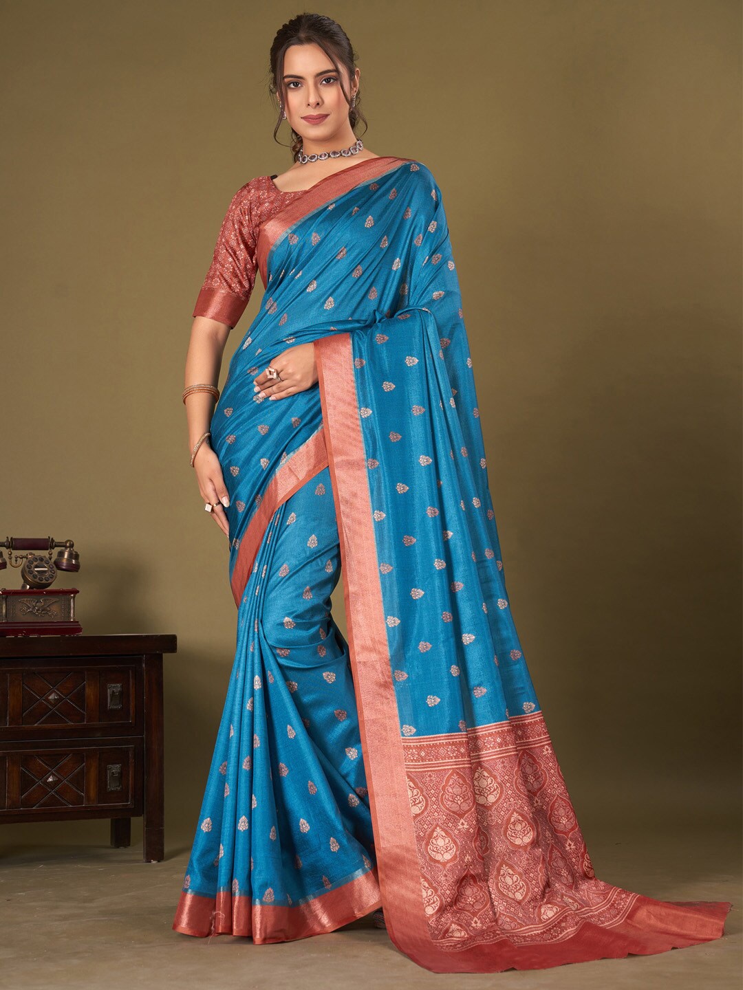 

Mitera Blue Ethnic Motifs Woven Design Zari Banarasi Saree