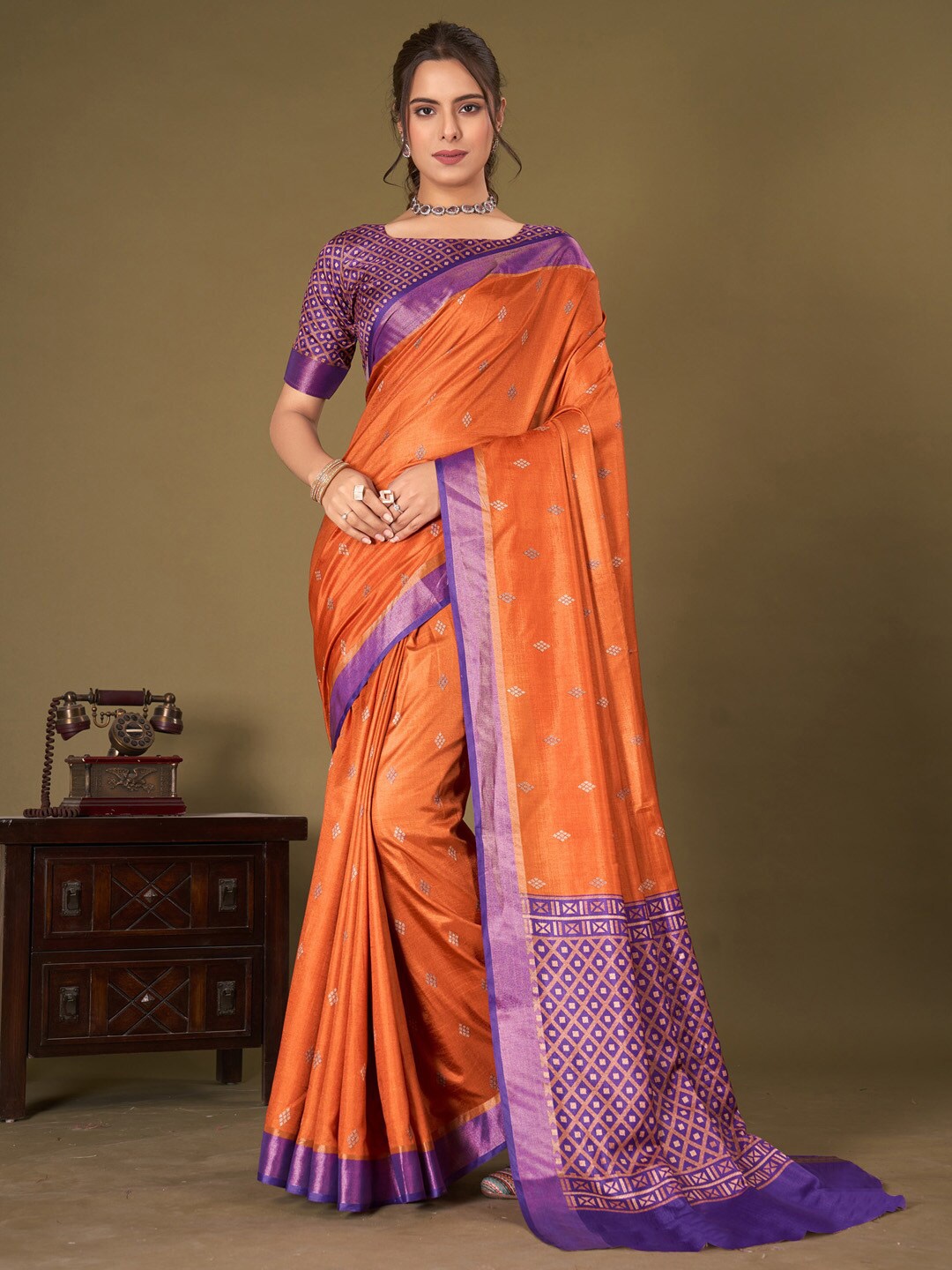 

Mitera Floral Woven Design Zari Banarasi Saree, Orange