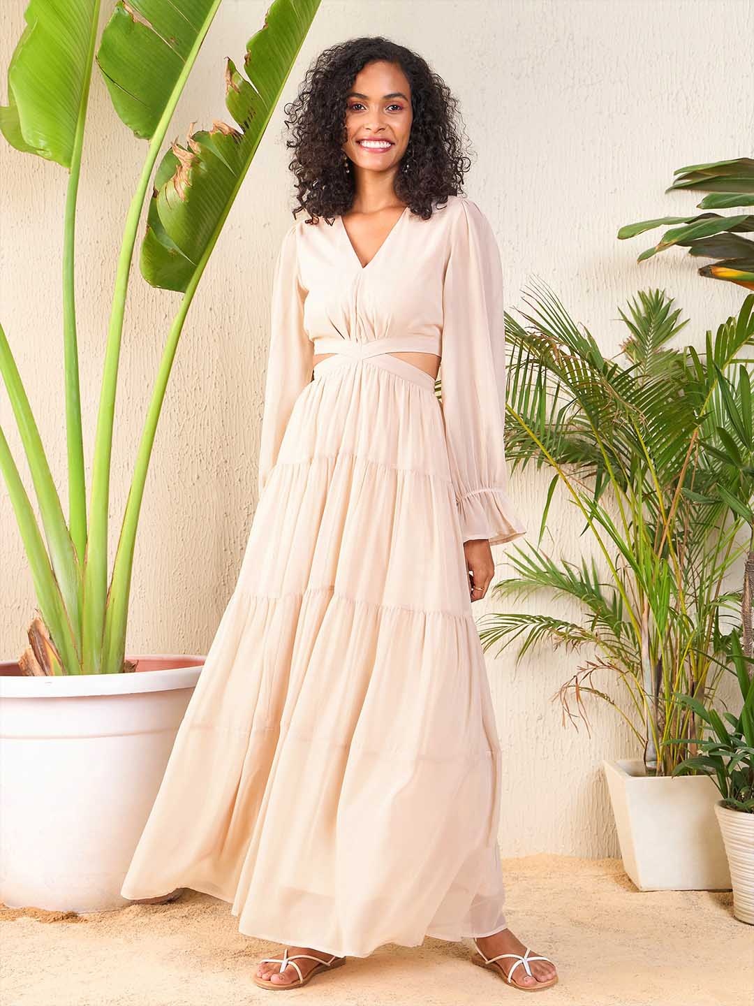

SASSAFRAS V Neck Bell Sleeves Layered Georgette Maxi Dress, Taupe