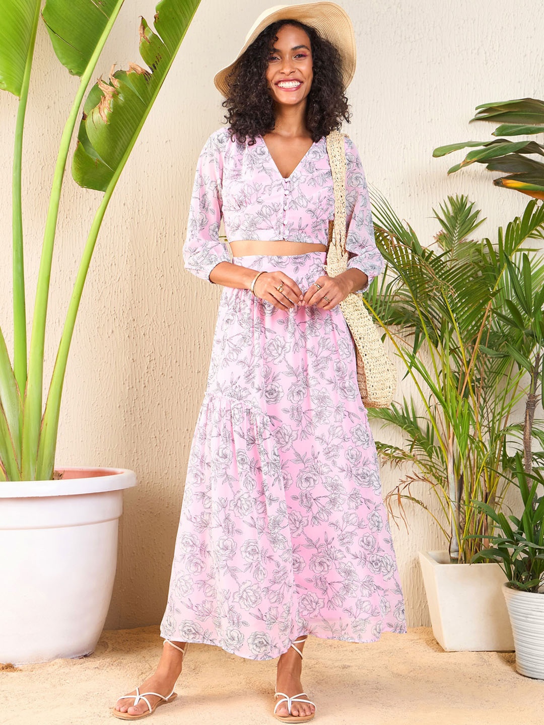 

SASSAFRAS Printed Crop Top & Skirt, Pink