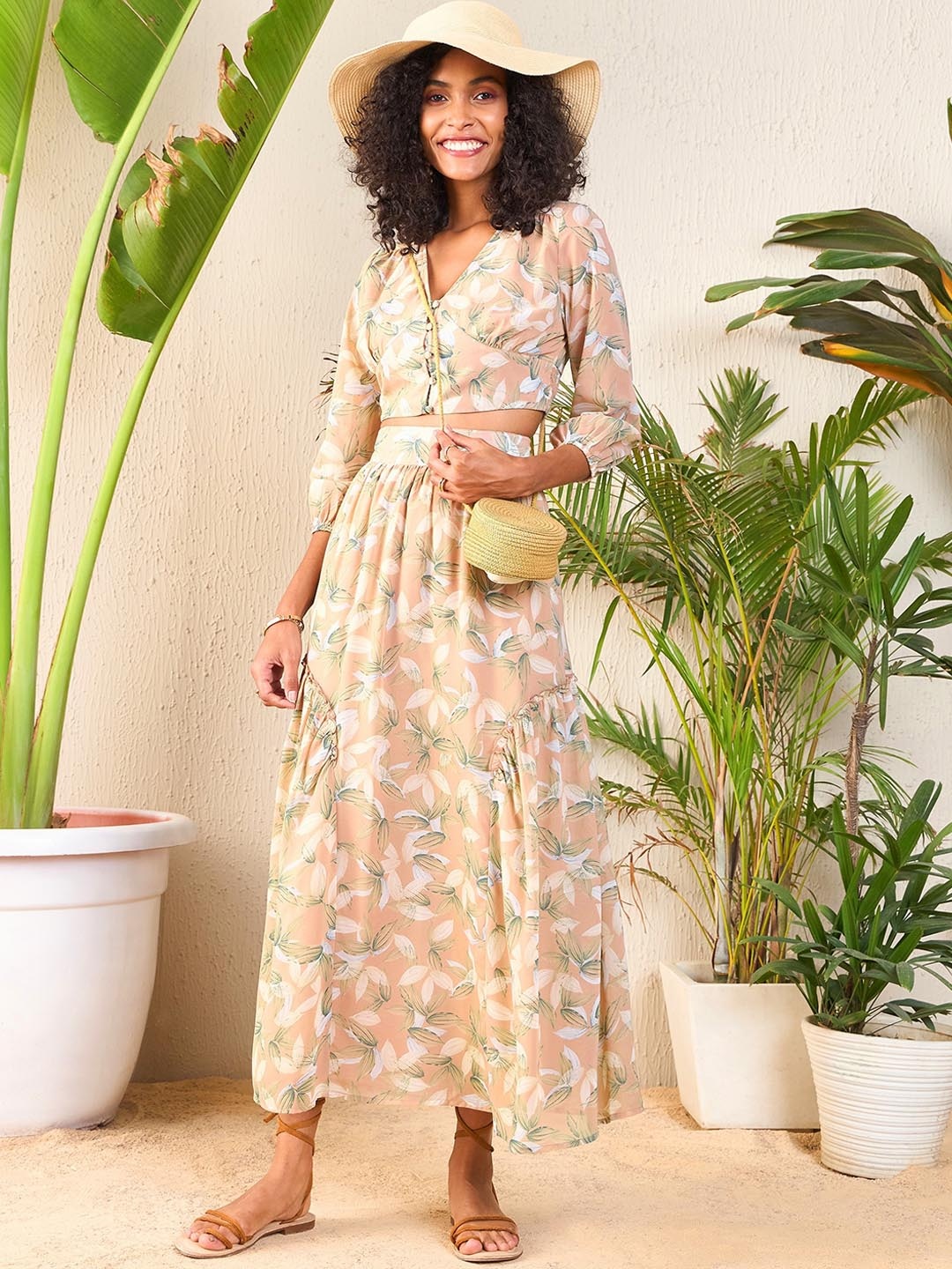 

SASSAFRAS Printed V-Neck Top With Skirt, Nude