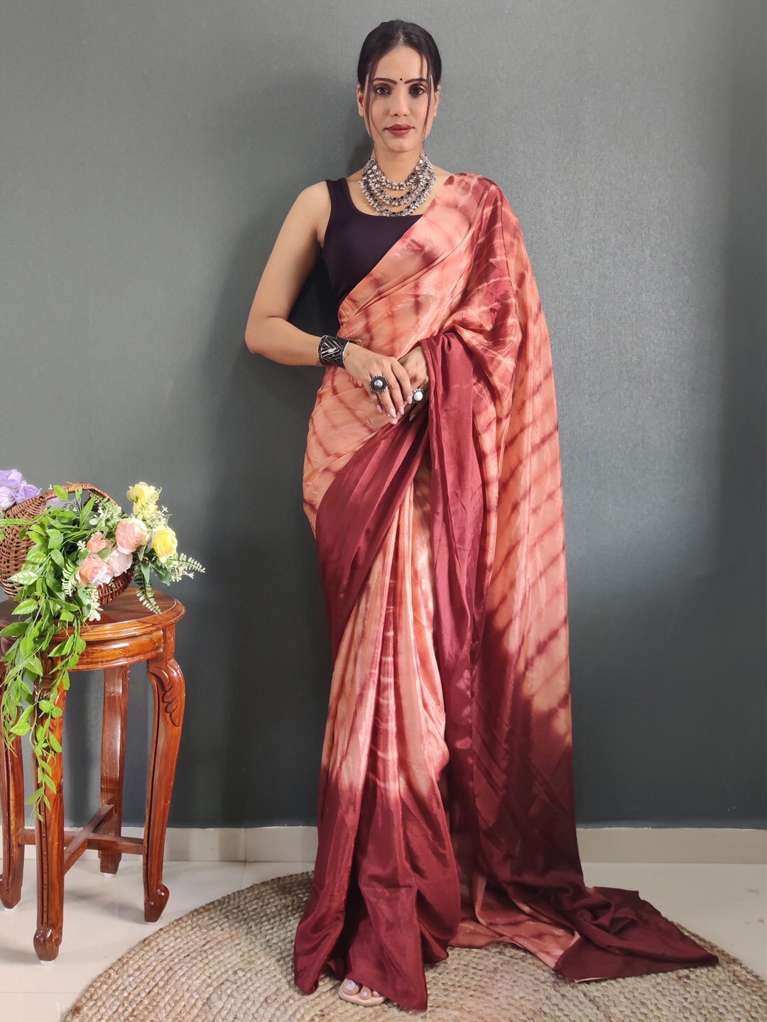 

KALINI Tie and Dye Pure Chiffon Ready to Wear Saree, Peach