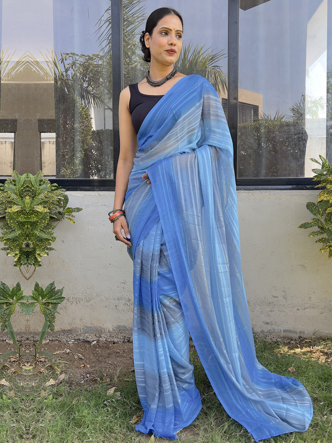 

KALINI Striped Pure Georgette Ready to Wear Saree, Blue