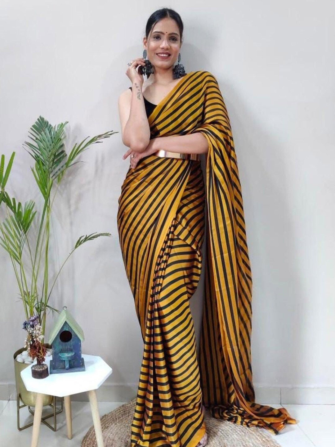 

KALINI Striped Poly Georgette Ready to Wear Saree, Mustard