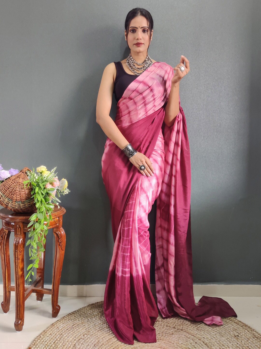 

KALINI Tie and Dye Pure Chiffon Ready to Wear Saree, Pink