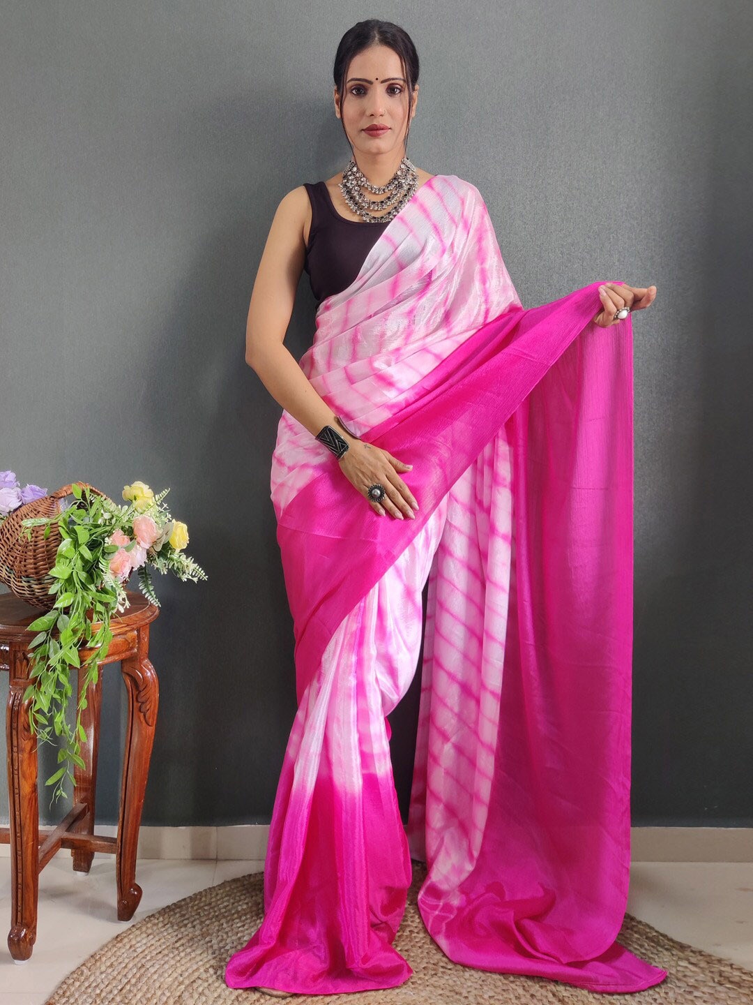 

KALINI Tie and Dye Pure Chiffon Ready to Wear Saree, Pink