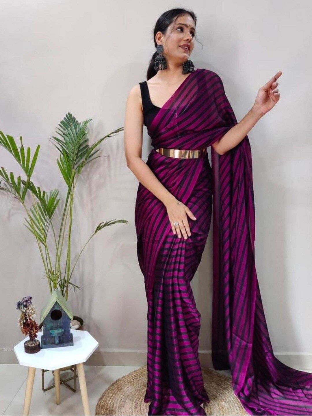 

KALINI Striped Pure Georgette Ready to Wear Saree, Magenta