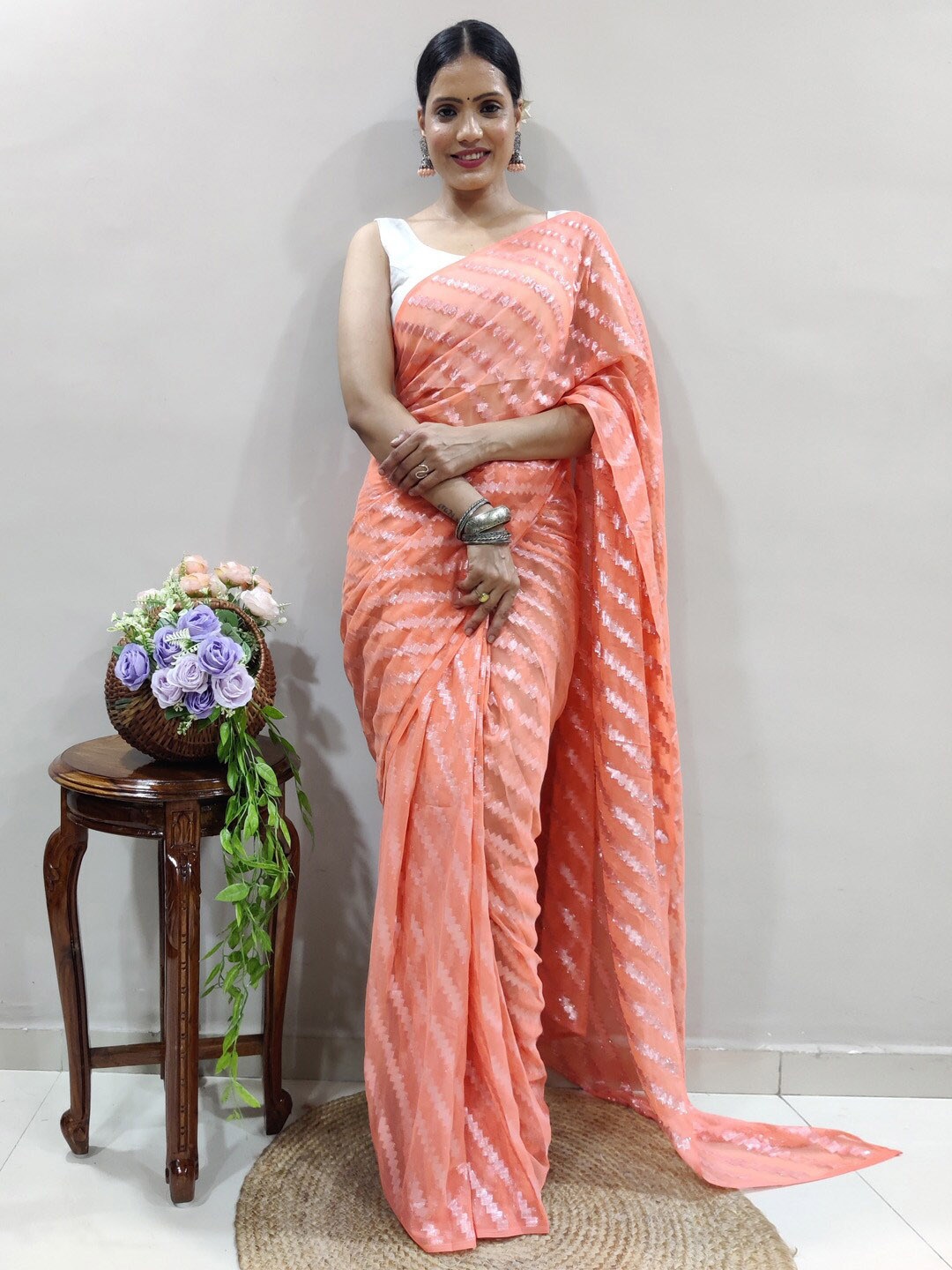 

KALINI Striped Poly Georgette Ready to Wear Saree, Peach